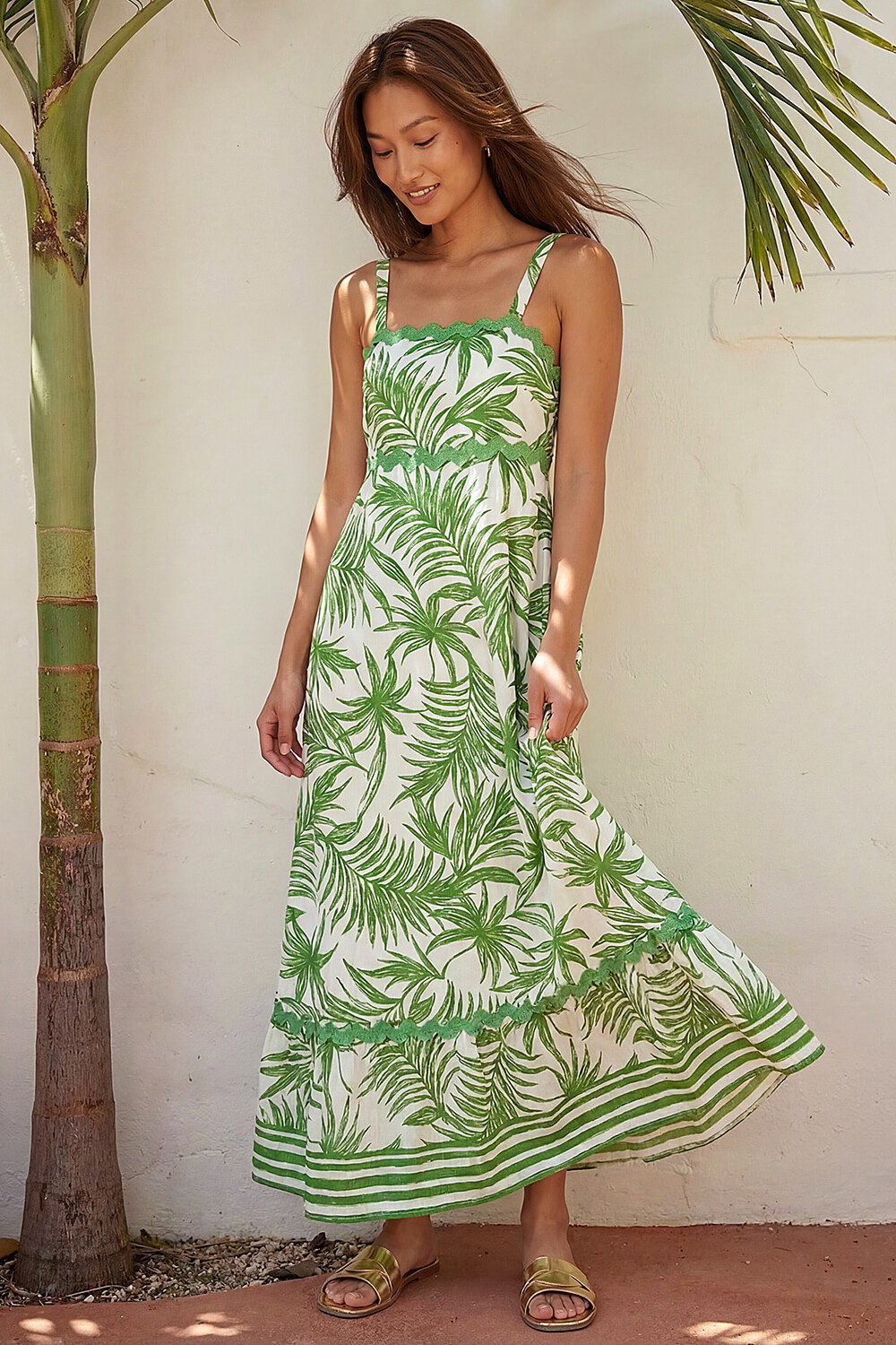 Green Leaf Print Ric Rac Maxi Dress, Image 1 of 4