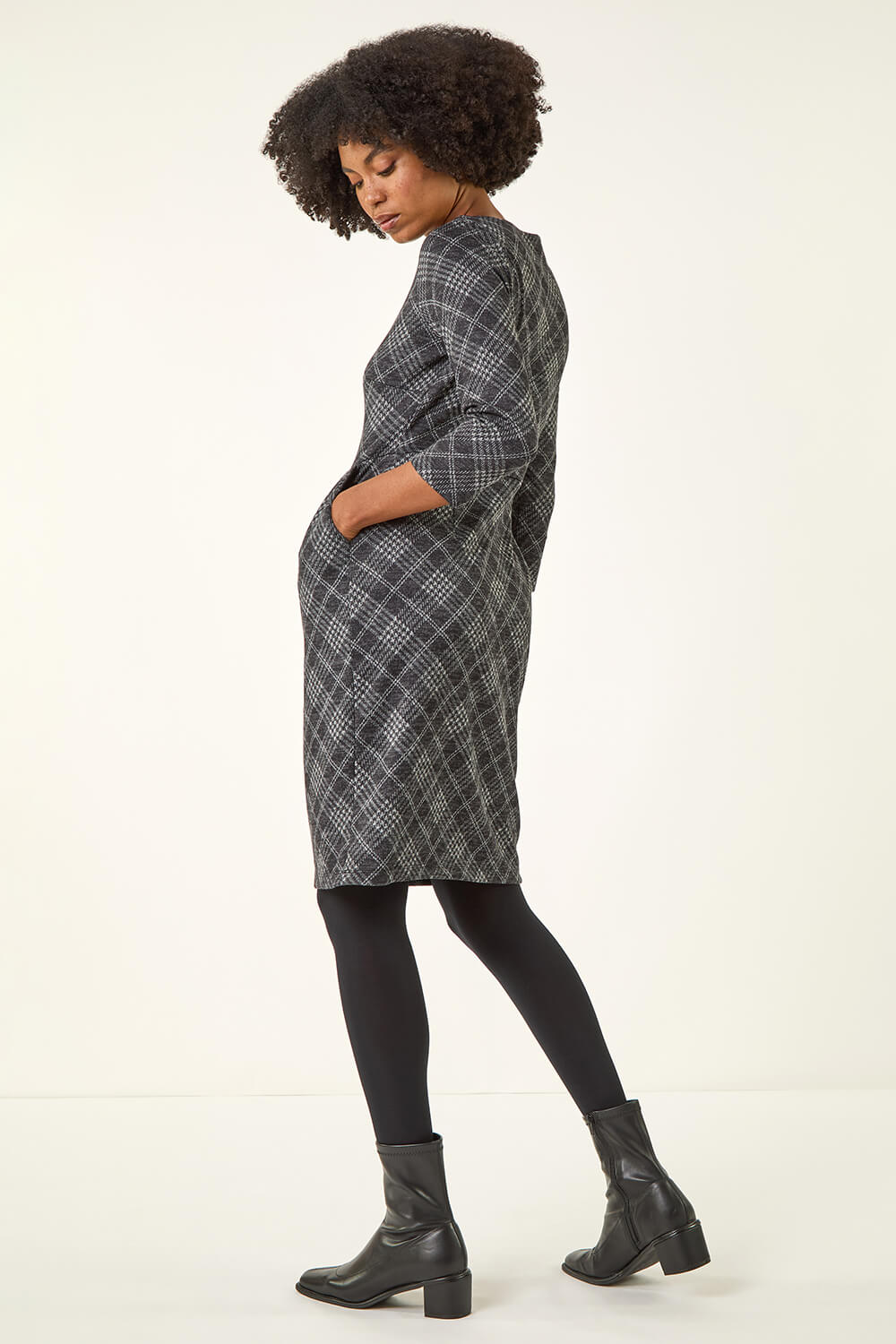Dark Grey Checked Front Pleat Shift Dress, Image 4 of 5