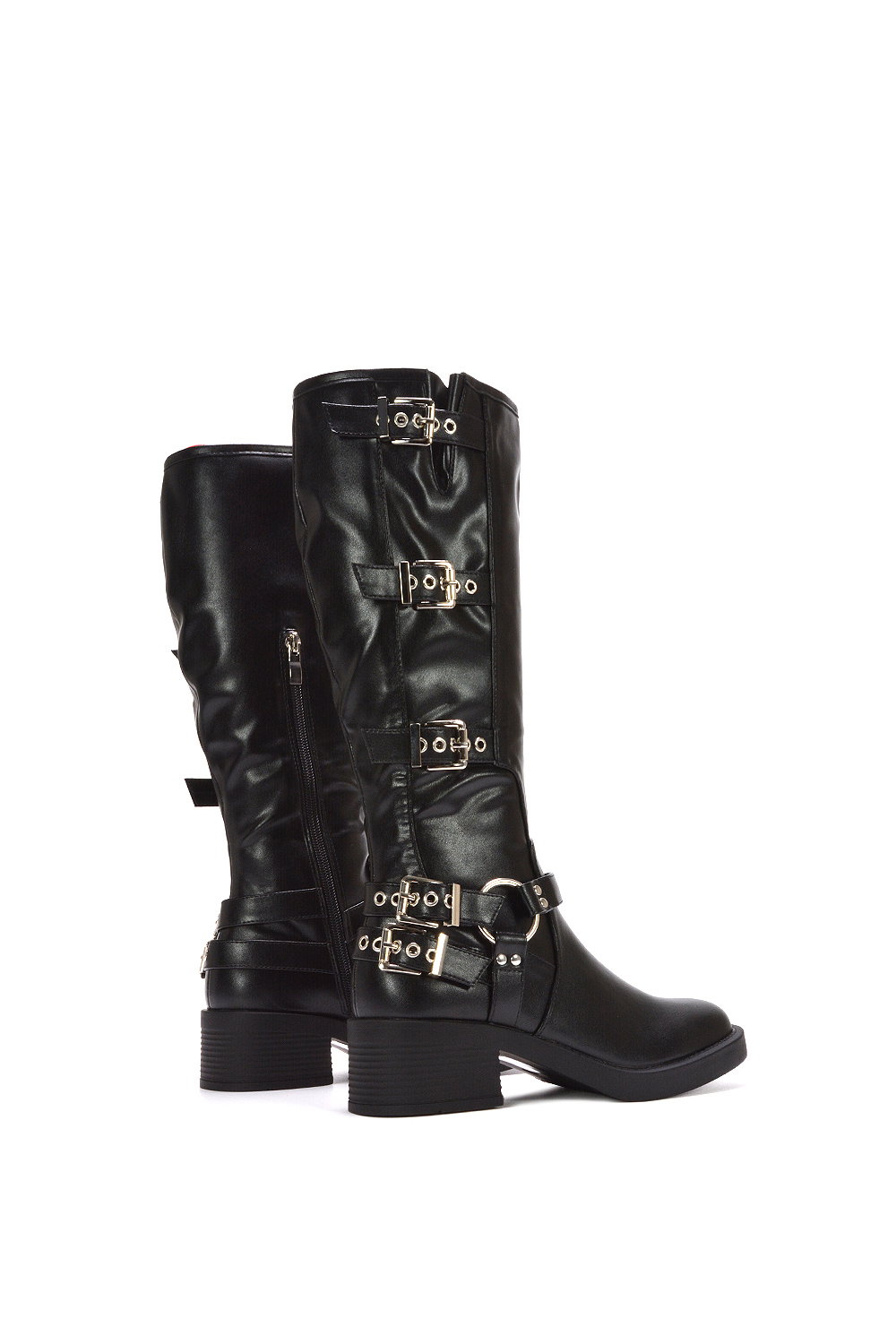 Black 'Cobra' Harness Square toe Knee High Biker Boots, Image 4 of 7