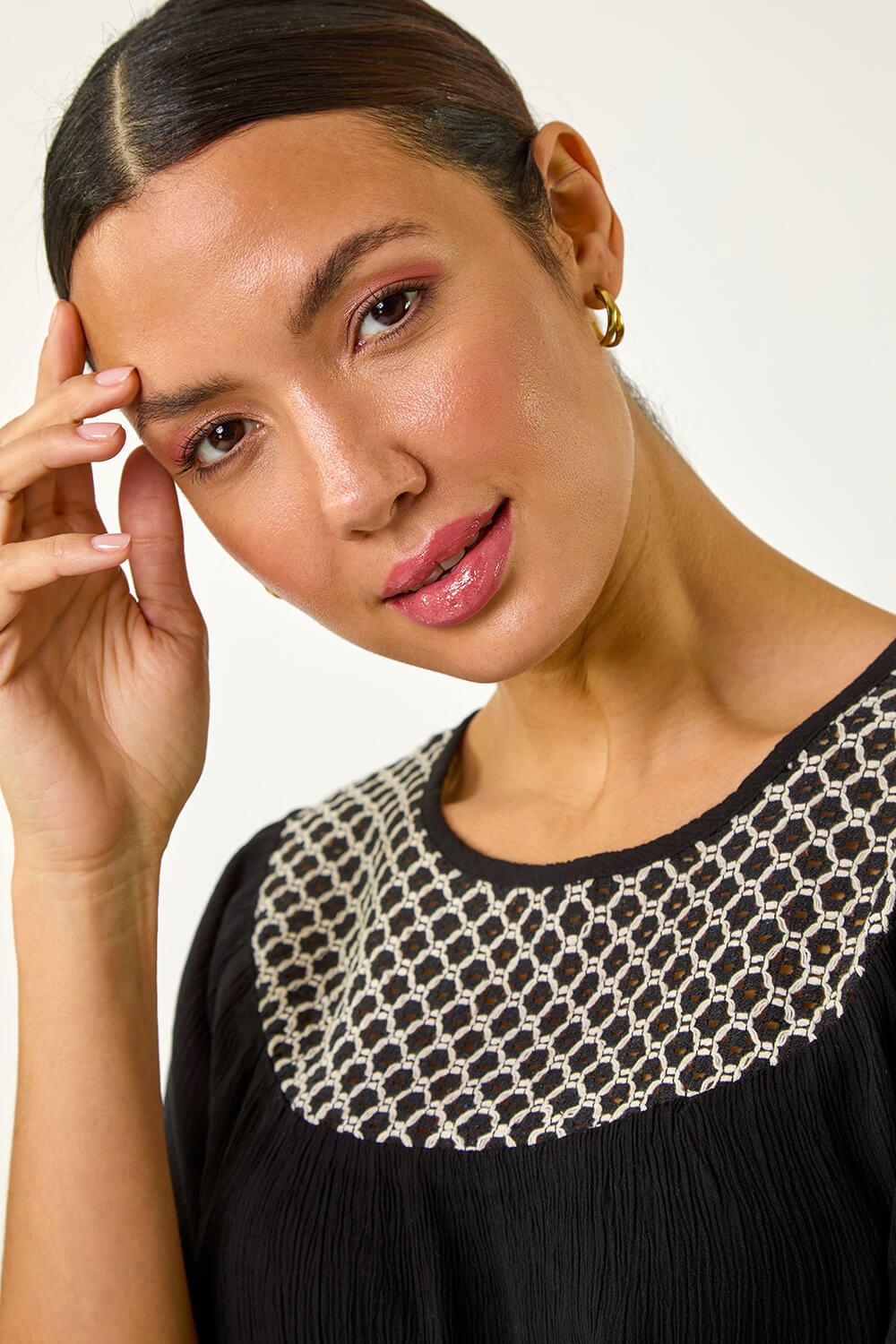 Black Mono Print Crochet Neck Top, Image 3 of 5