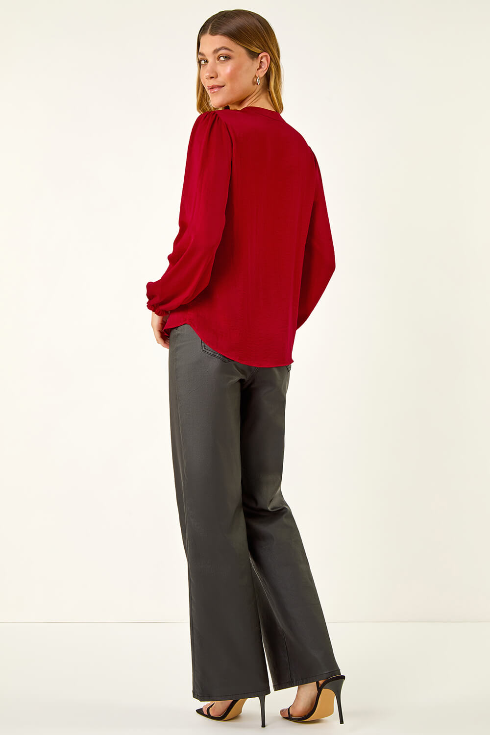Red Satin Ruffle Neck Blouse, Image 4 of 5