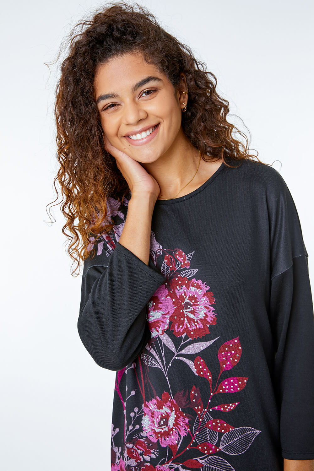 Black Floral Embellished Tunic Top , Image 5 of 5