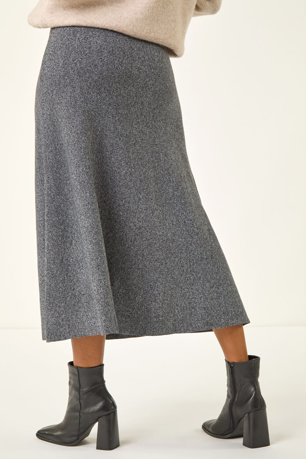 Grey Knitted Elastic Waist A Line Midi Skirt, Image 5 of 7