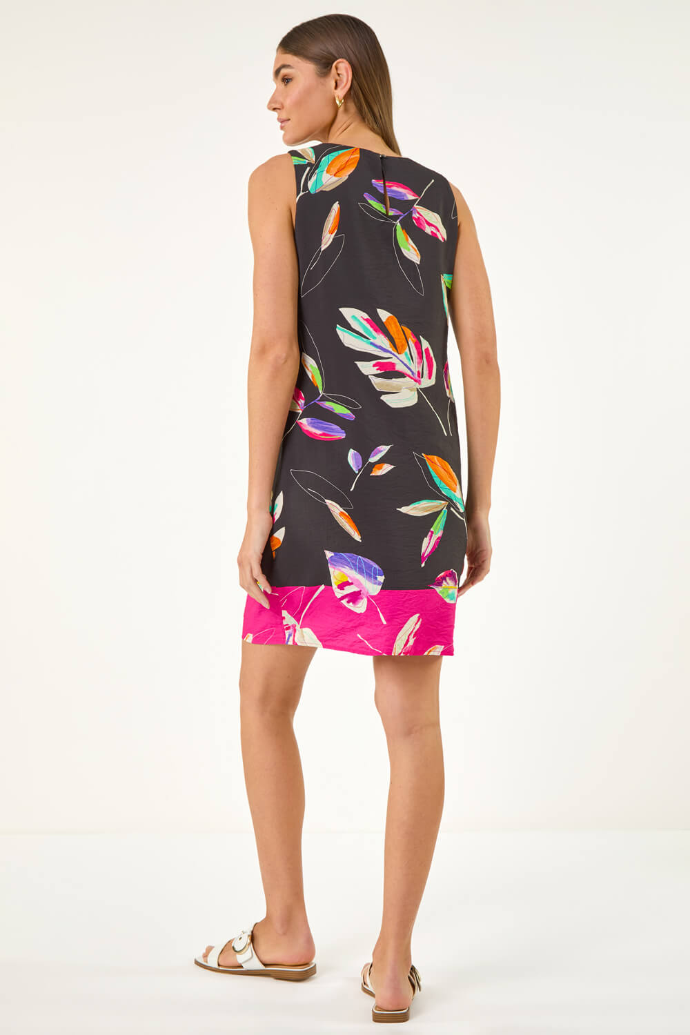 Fuchsia Leaf Print Shift Dress, Image 4 of 5