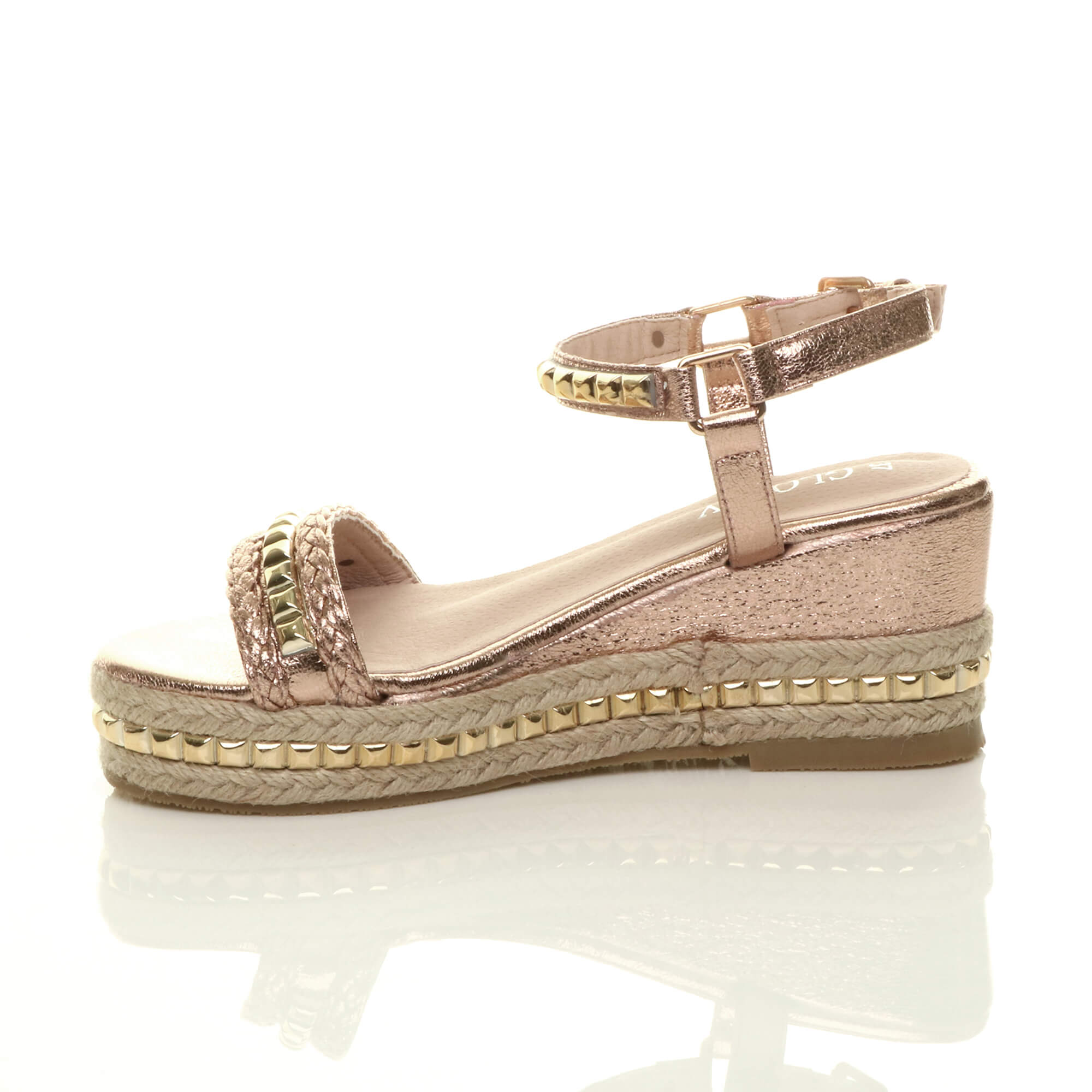 Rose Gold Mid Wedge Studded Flatform Sandals Espadrilles, Image 3 of 6