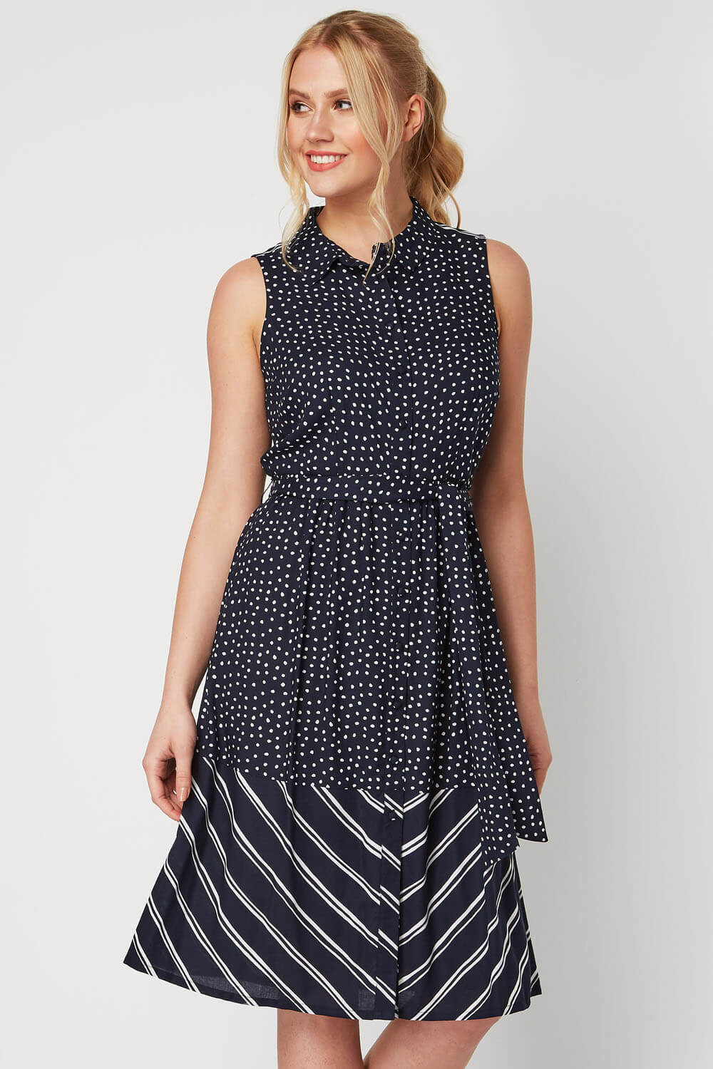Navy Contrast Print Shirt Dress, Image 1 of 5