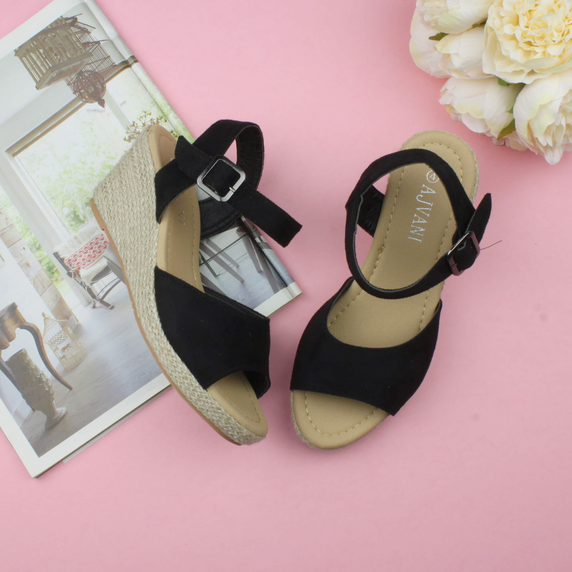 Black AJVANI Black Mid Wedge Heel Ankle Strap Sandals Espadrilles, Image 4 of 6