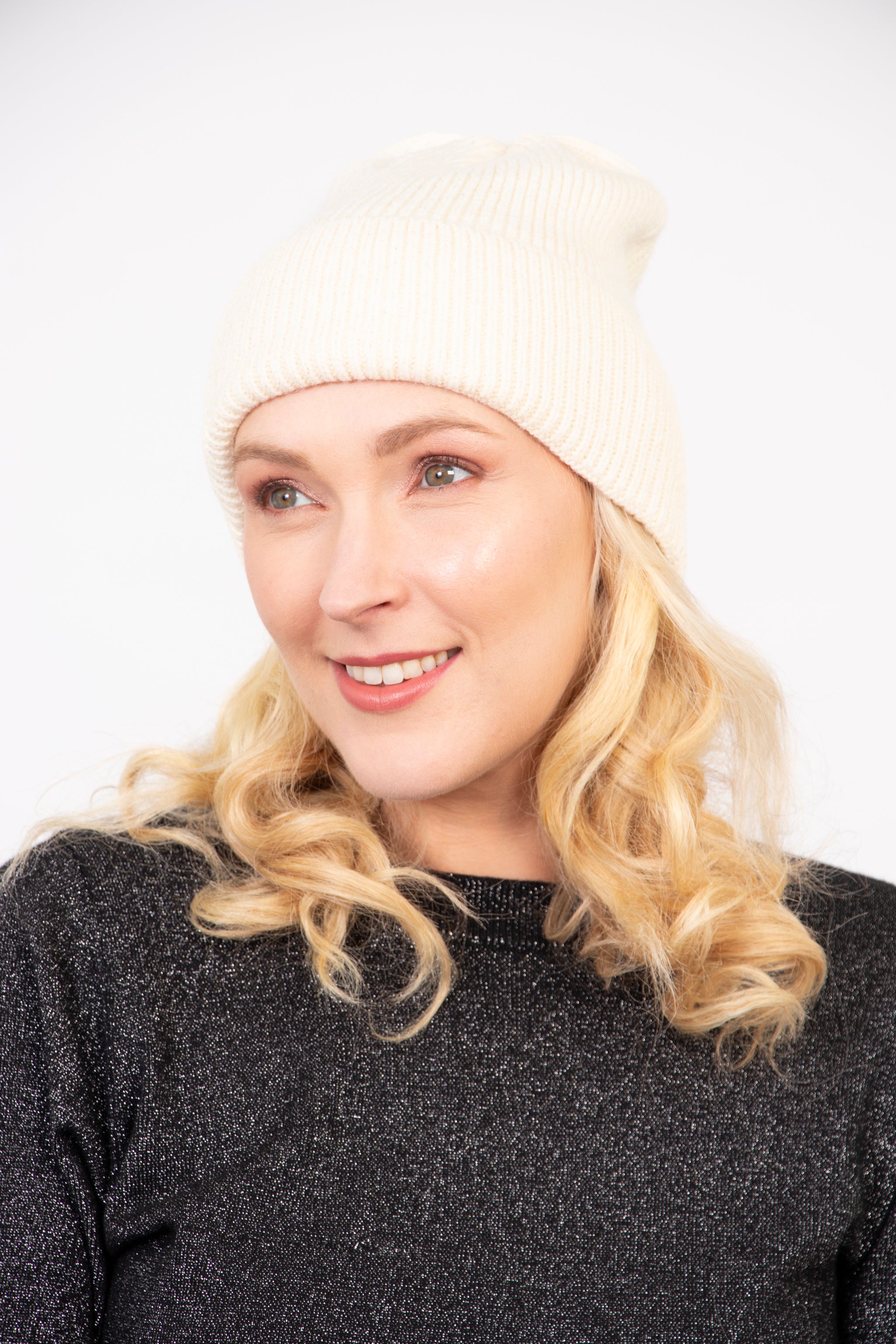 Cream Glitter Knitted Winter Beanie Hat, Image 1 of 3