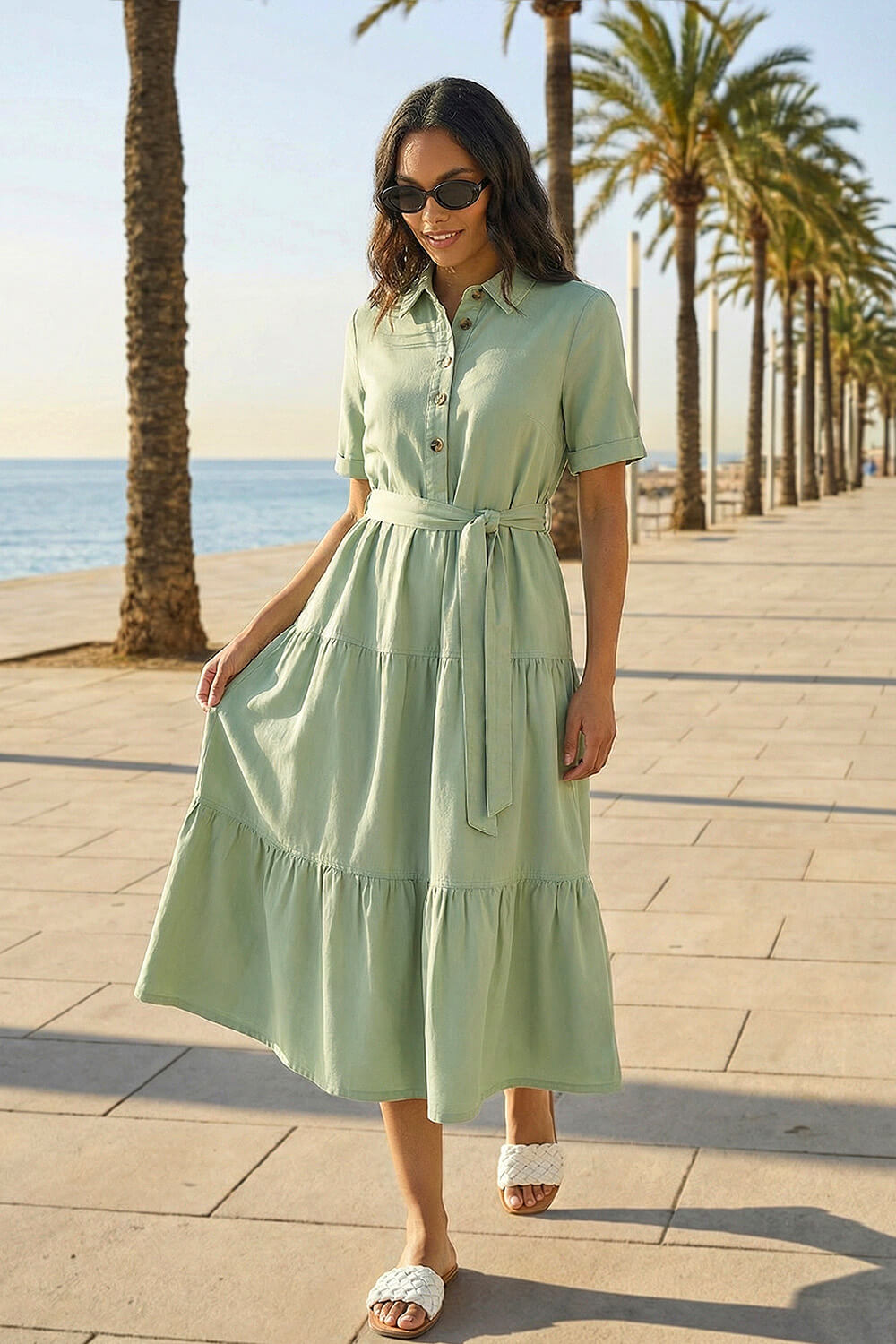 Roman Women's Sage Button Detail Tiered Midi Dress Size 18