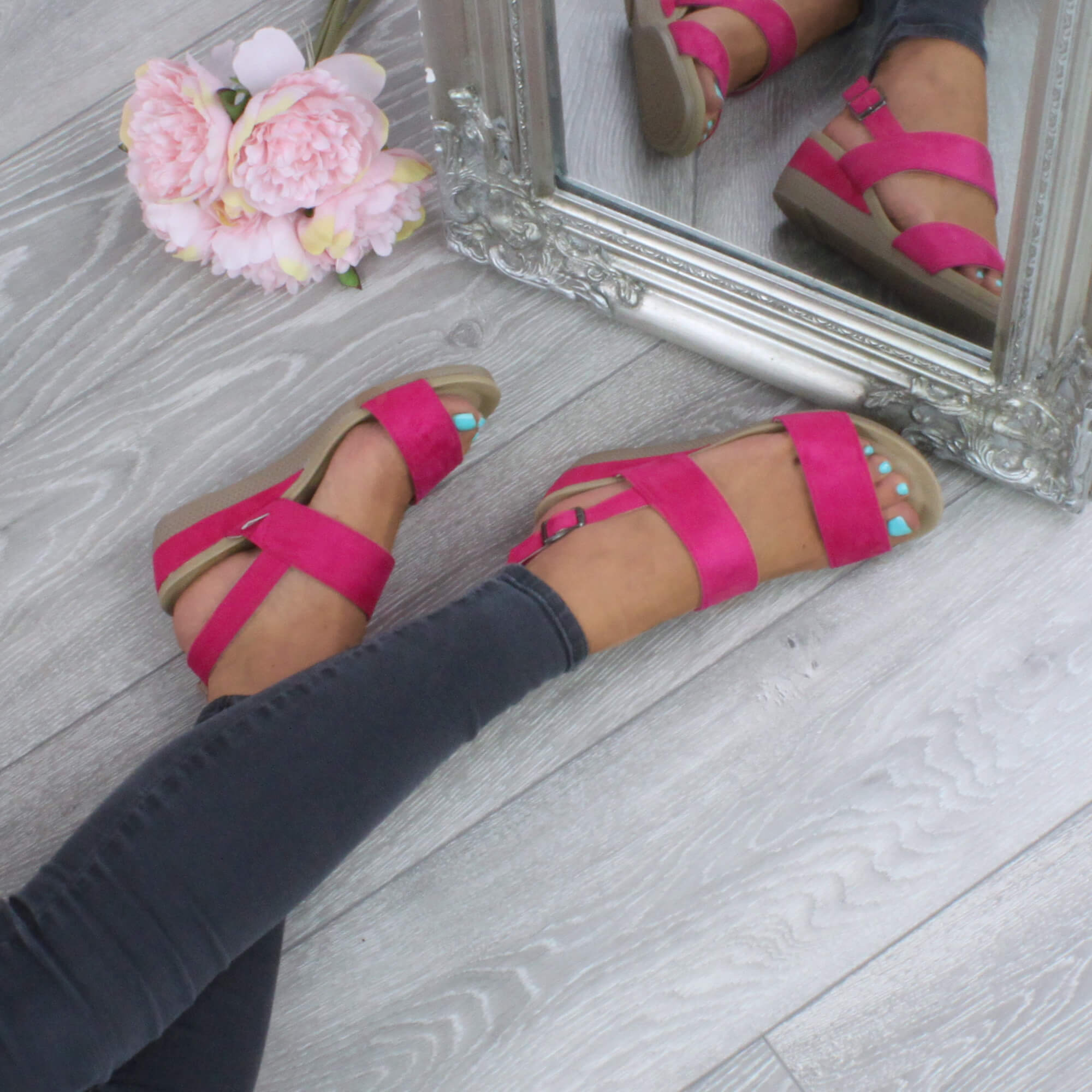 Fuchsia Low Wedge Heel Strappy Slingback Sandals, Image 5 of 6