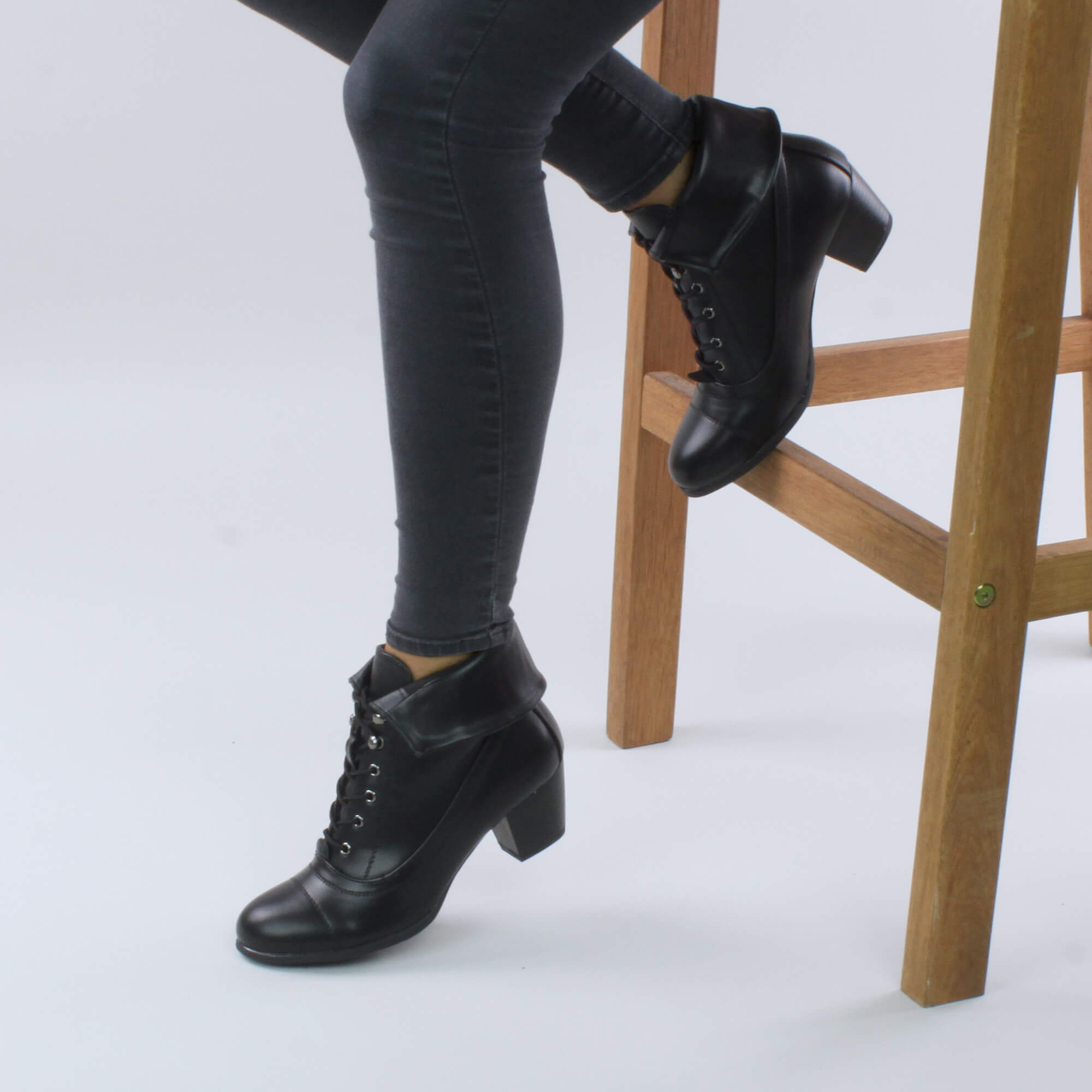Black Mid Cuban Heel Pixie Lace Up Granny Ankle Boots, Image 5 of 8