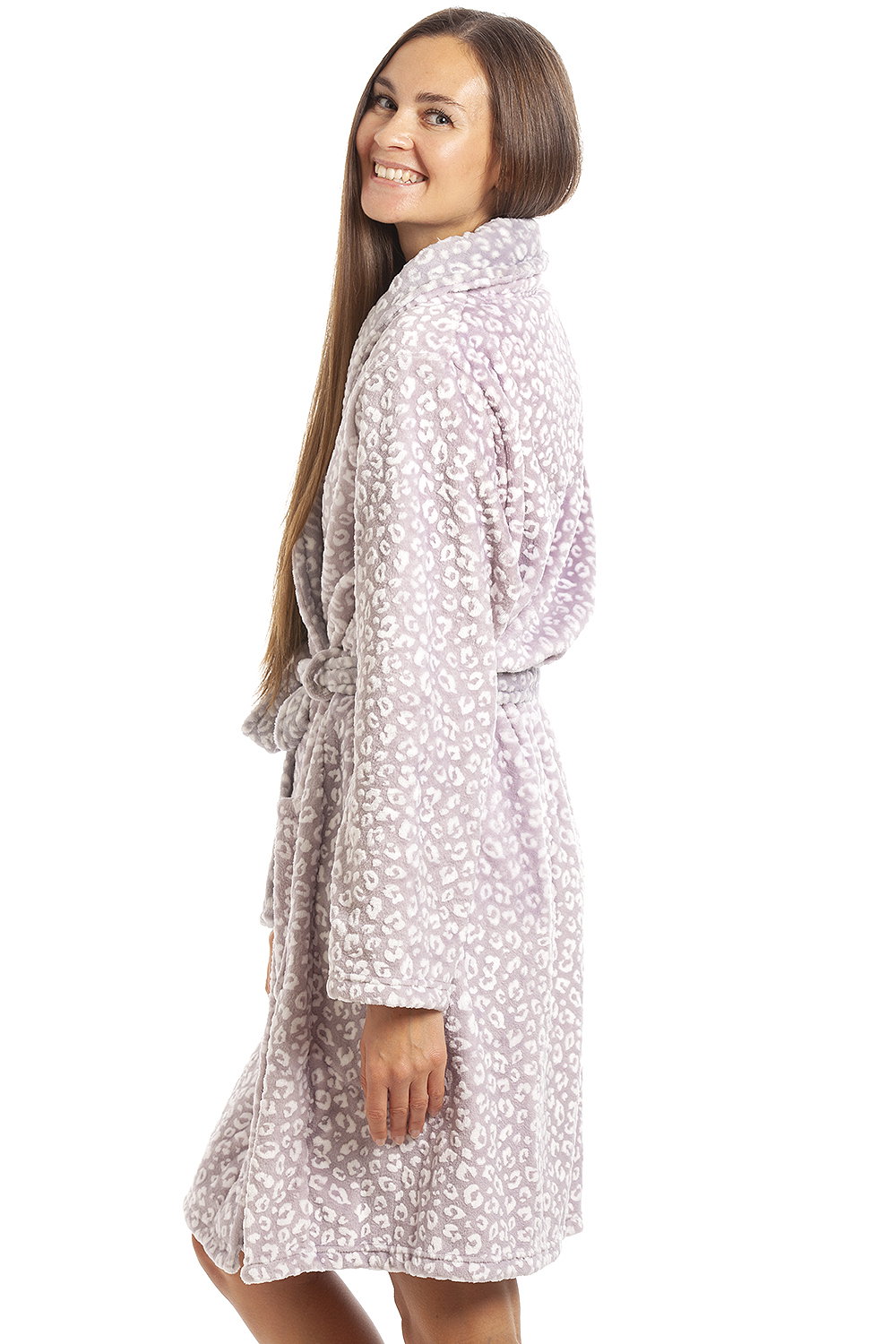 Mauve Supersoft Shawl Collared Leopard Print Bathrobe, Image 2 of 5