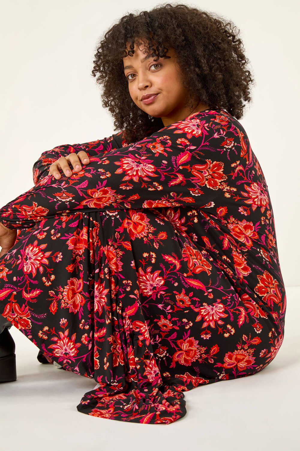 Red Curve Floral Print Stretch Dress, Image 1 of 5