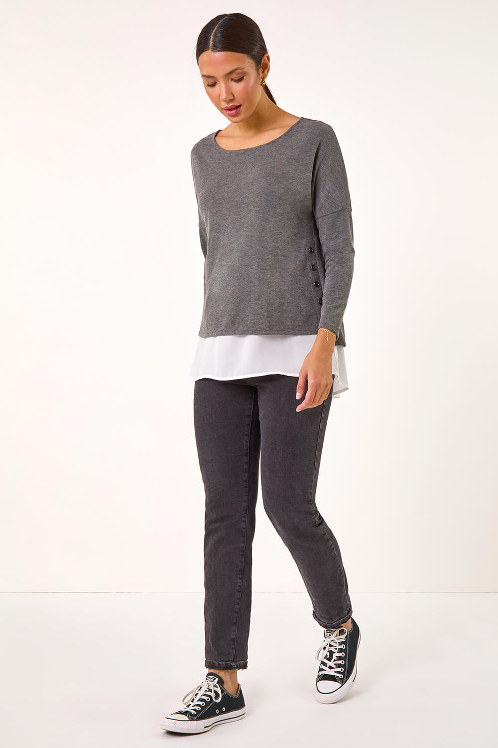 Grey 2 in 1 Contrast Hem Detail Stretch Top, Image 3 of 5