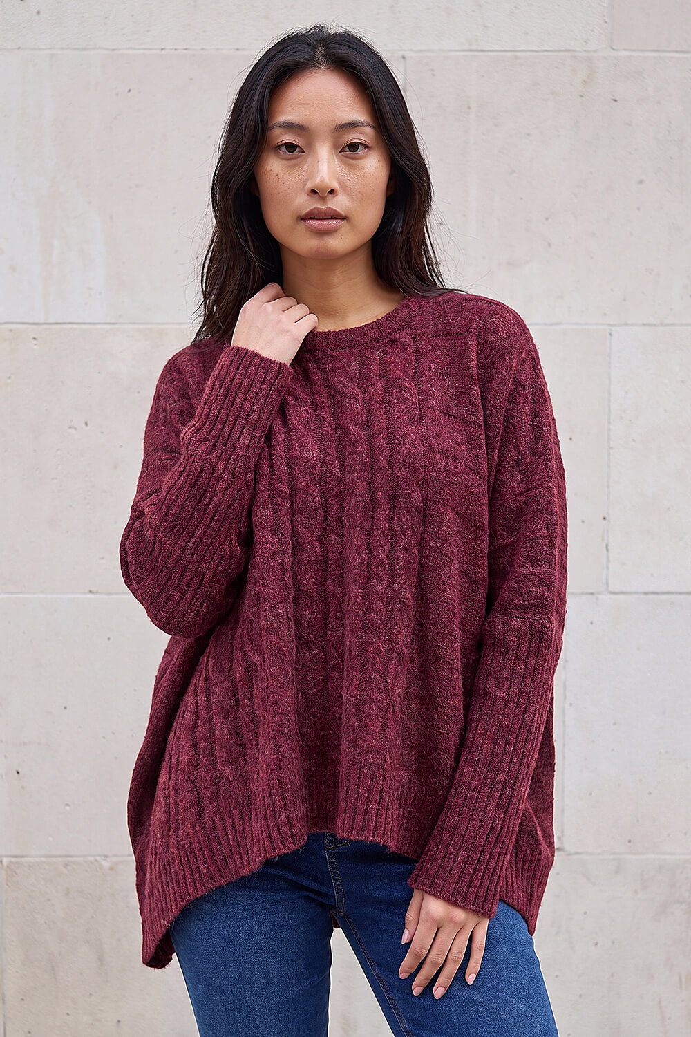 Roman Petite Women's Burgundy Contrast Cable Jumper Small