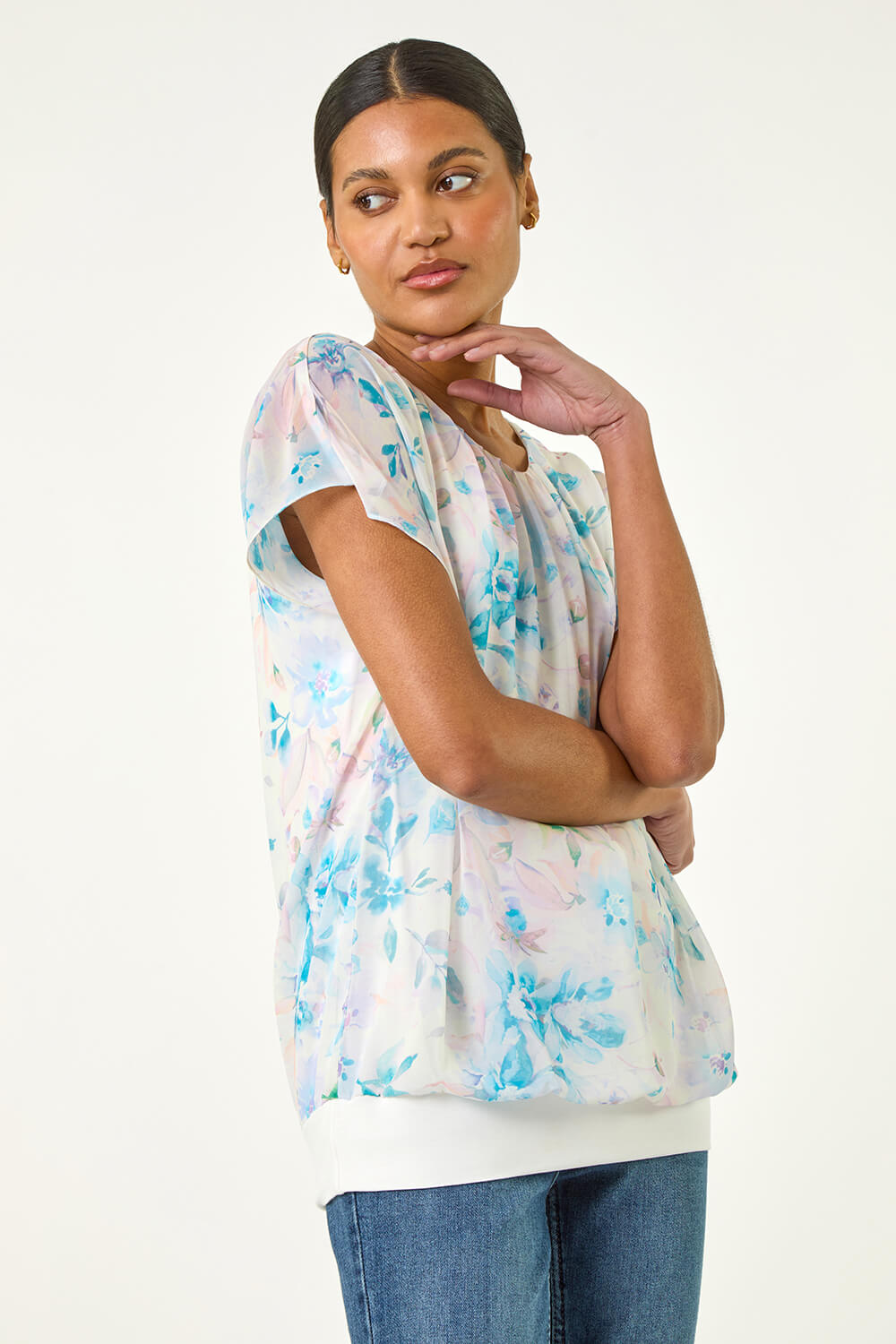 Blue Floral Print Bubble Hem Top, Image 1 of 5