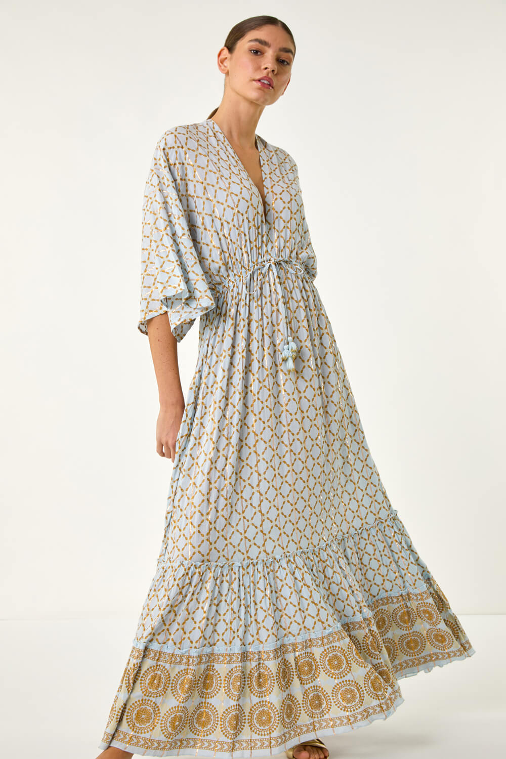 Light Blue  Shimmer Boho Border Maxi Dress, Image 5 of 5