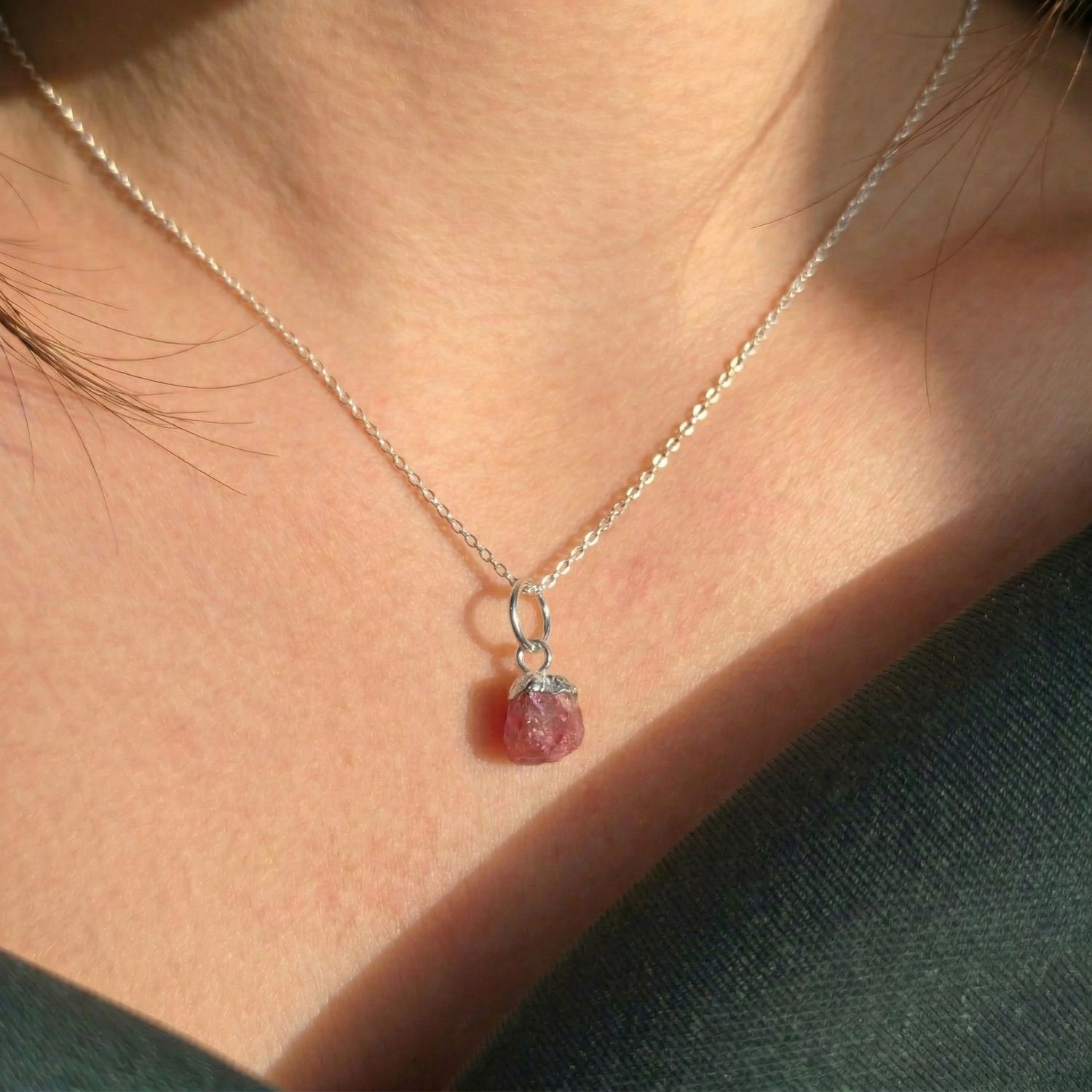 Silver Raw Pink Tourmaline October Birthstone Silver Necklace, Image 2 of 4