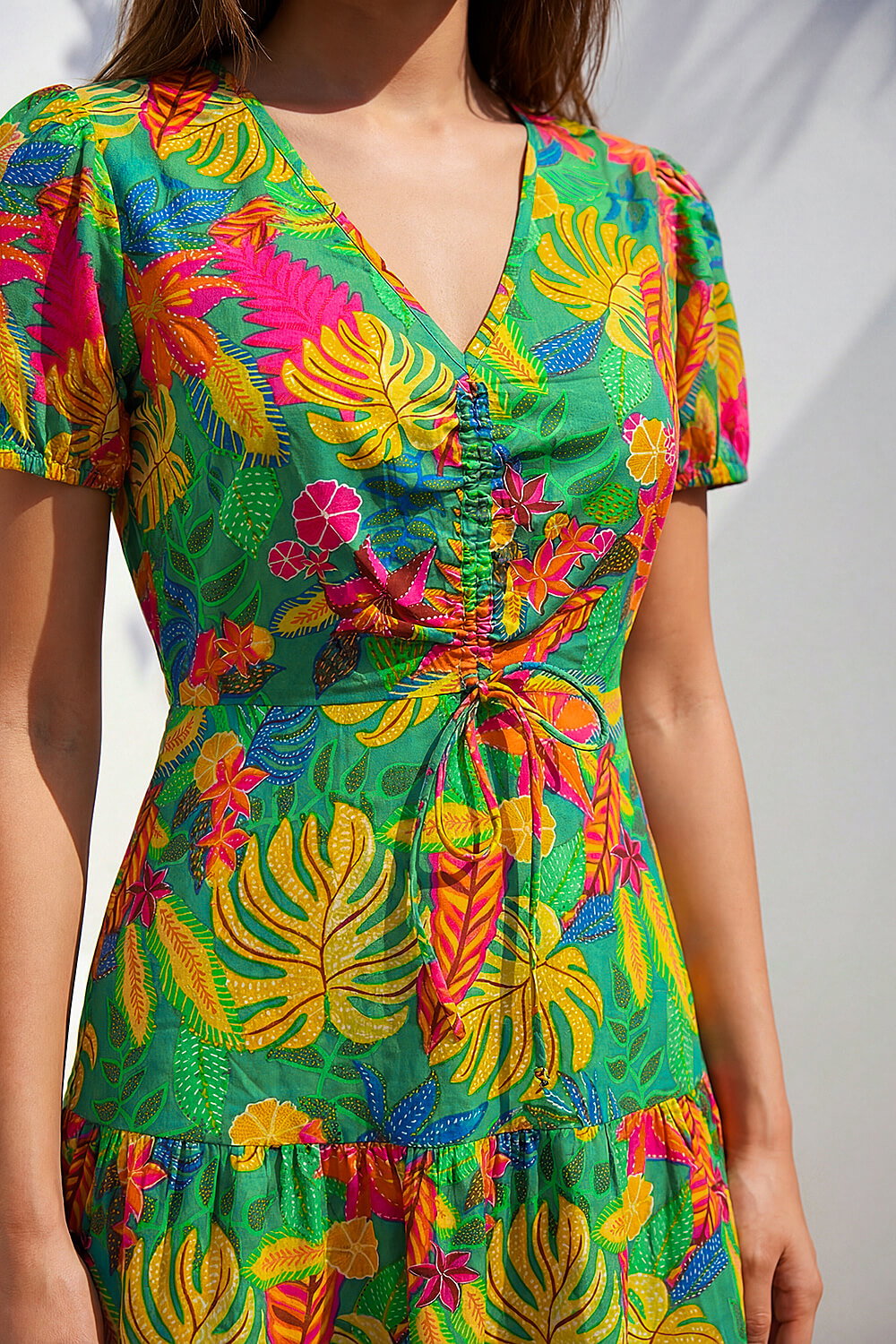 Multi Tropical Print V-Neck Ruched Dress, Image 4 of 4