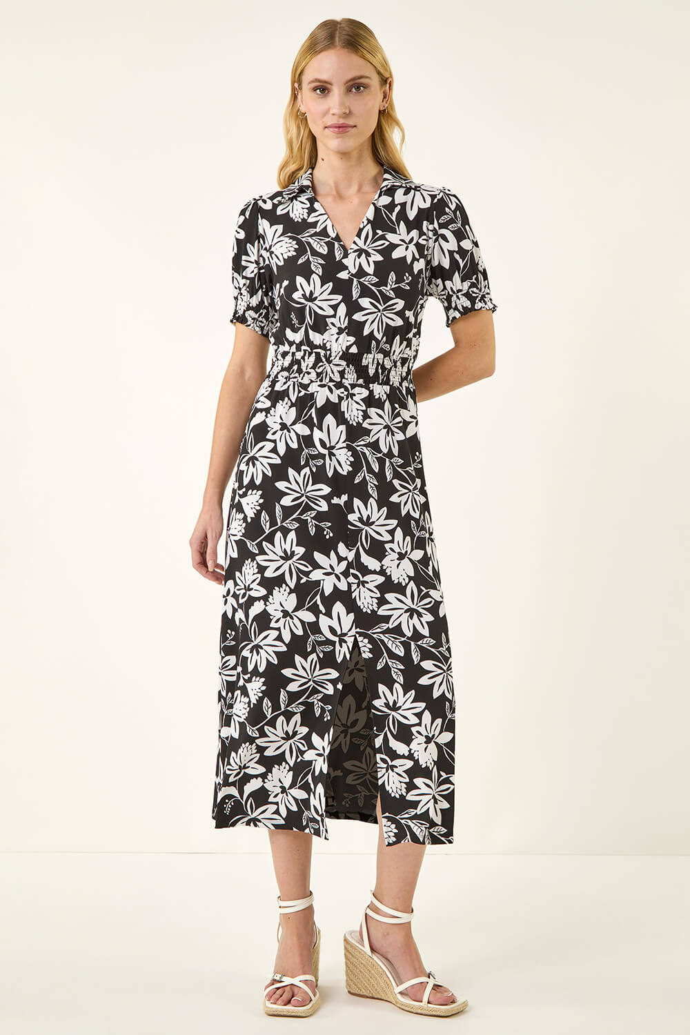 Roman Women's Black Floral Shirred Collared Midi Dress Size 20
