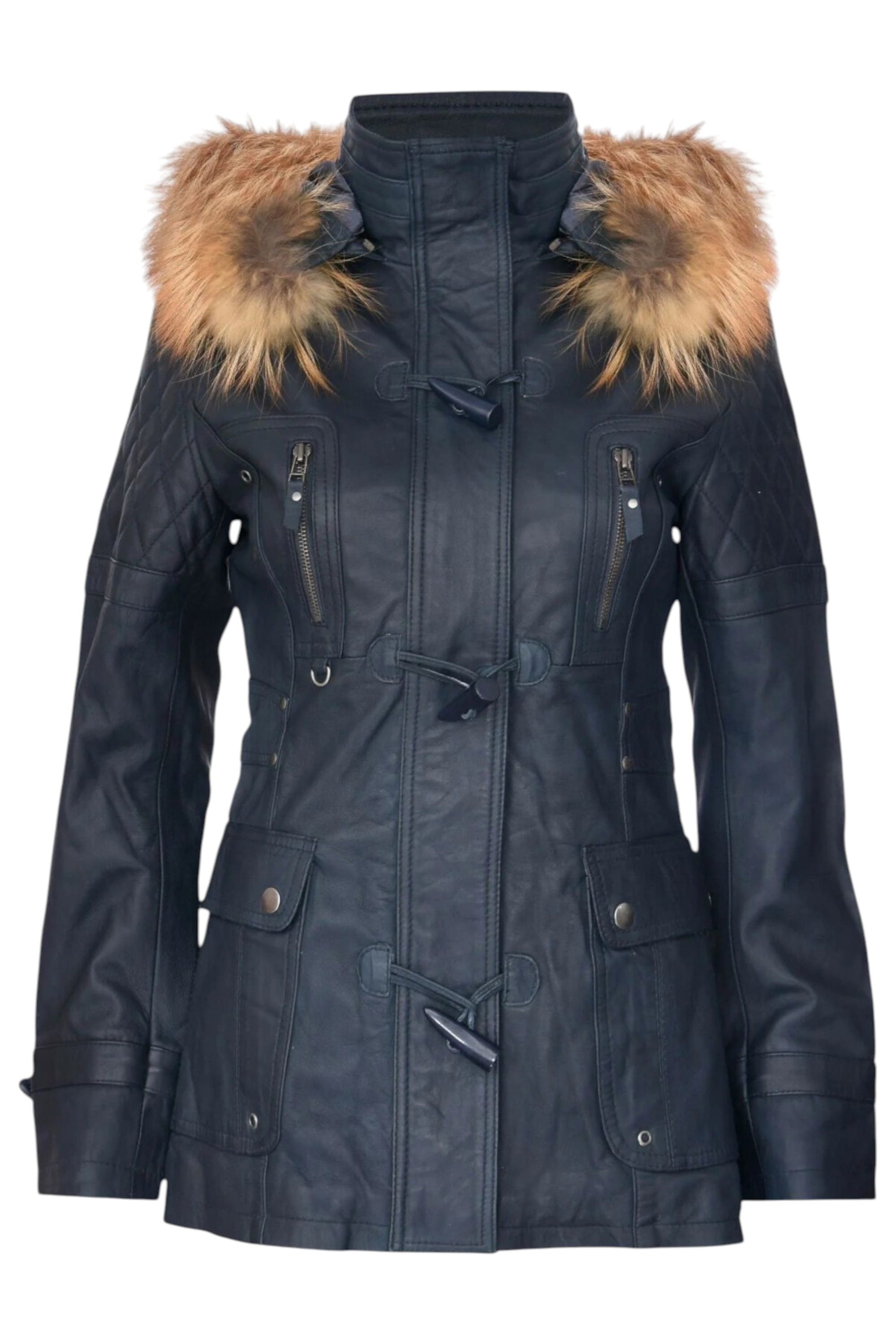 Navy Lamb Leather Parka Fur Hood Jacket, Image 2 of 6