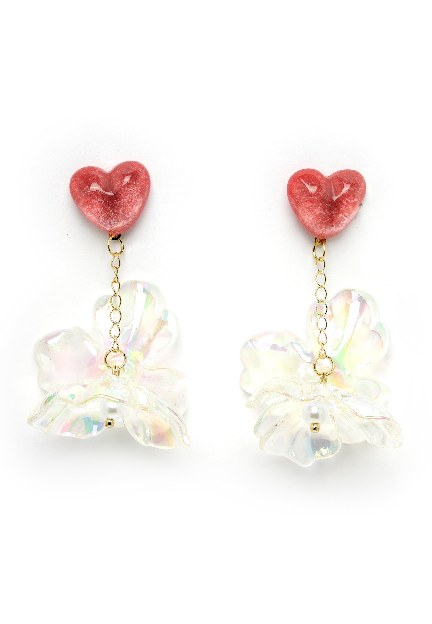 White Heart Dangling Floral Earrings