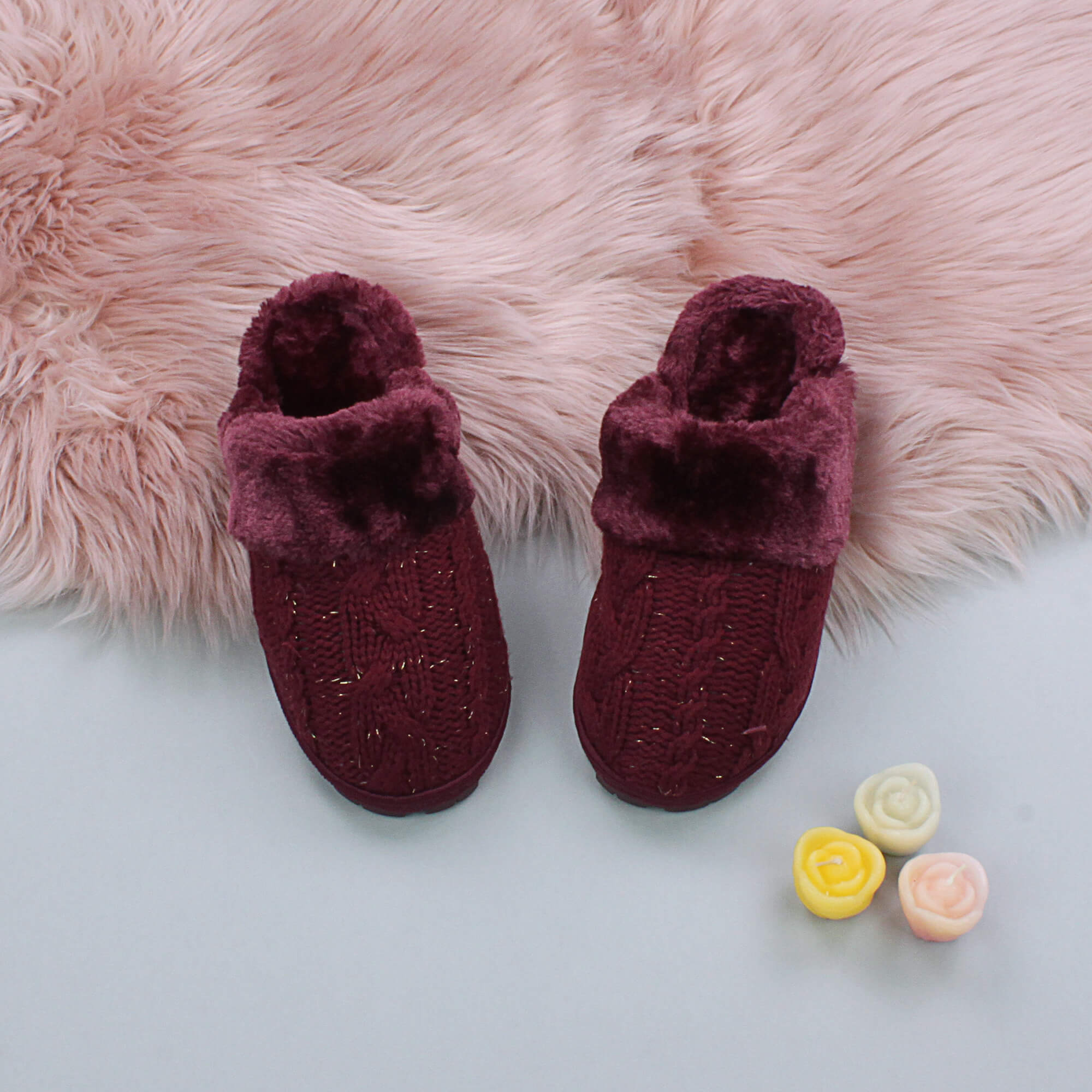 Burgundy AJVANI Burgundy Glitter Knitted Mules Slippers, Image 3 of 5