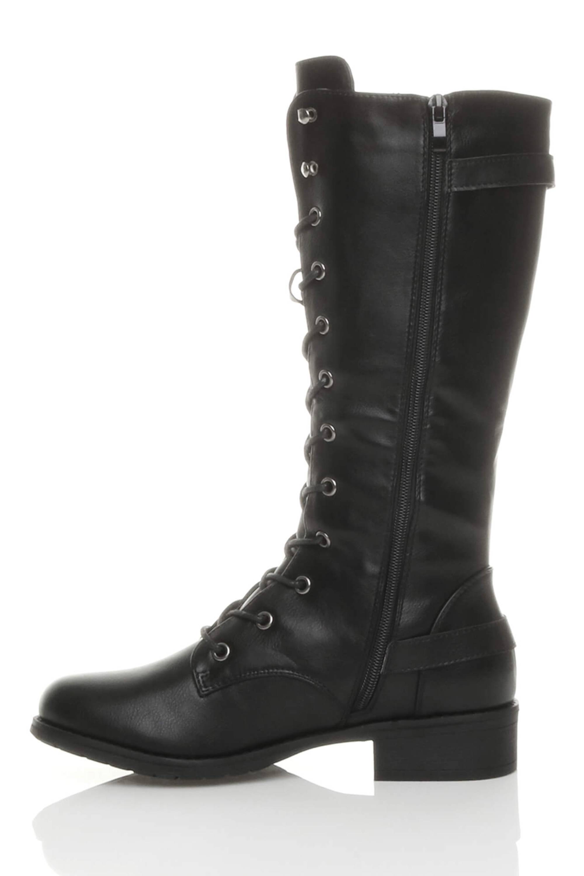 Black Lace Up Calf Military Biker Boots, Image 3 of 6
