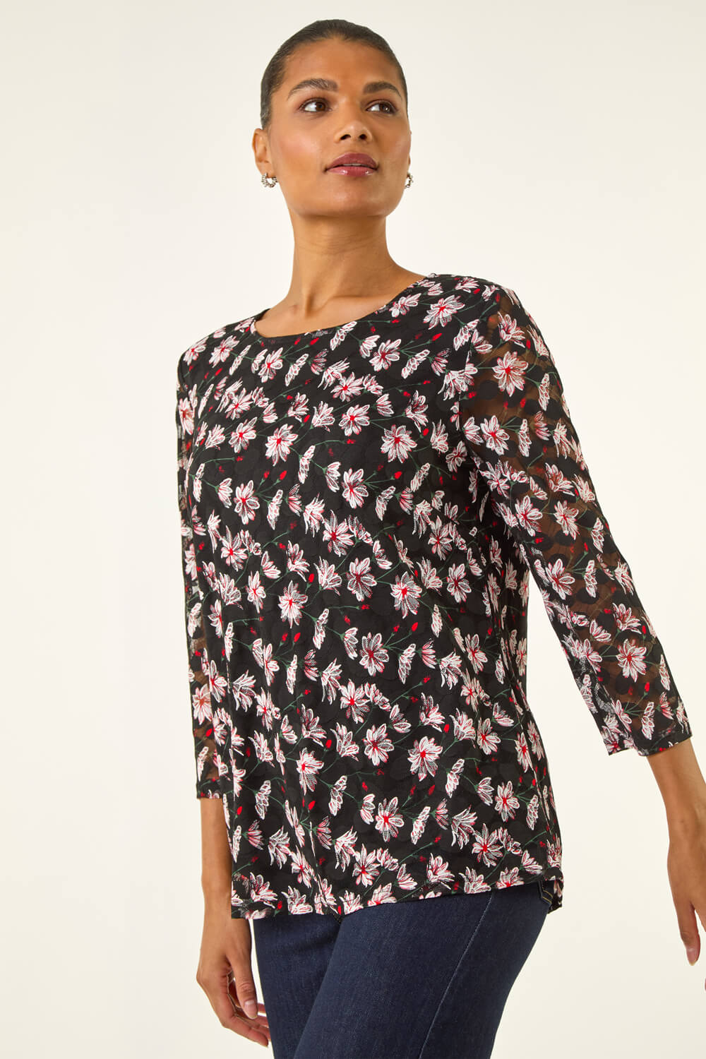 Black Floral Print Stretch Lace Top, Image 5 of 5