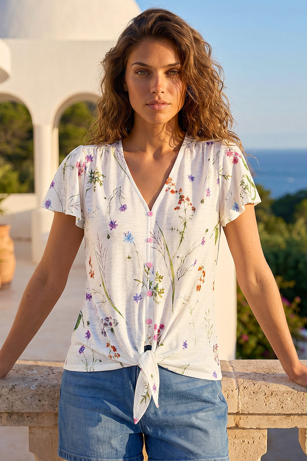 Ivory Floral Print Tie Front Top, Image 3 of 4