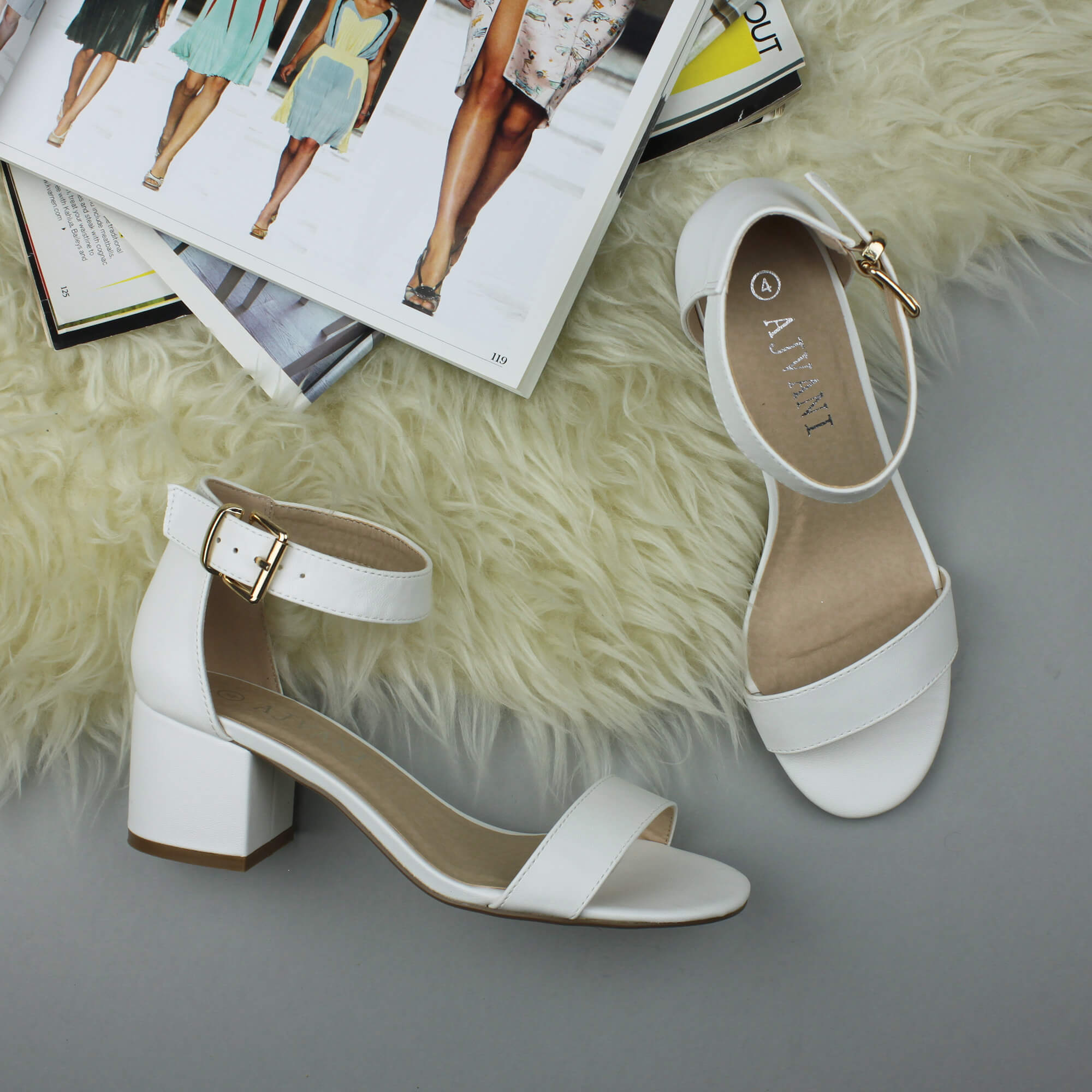 White AJVANI White Mid Block Heel Ankle Strap Sandals, Image 4 of 6