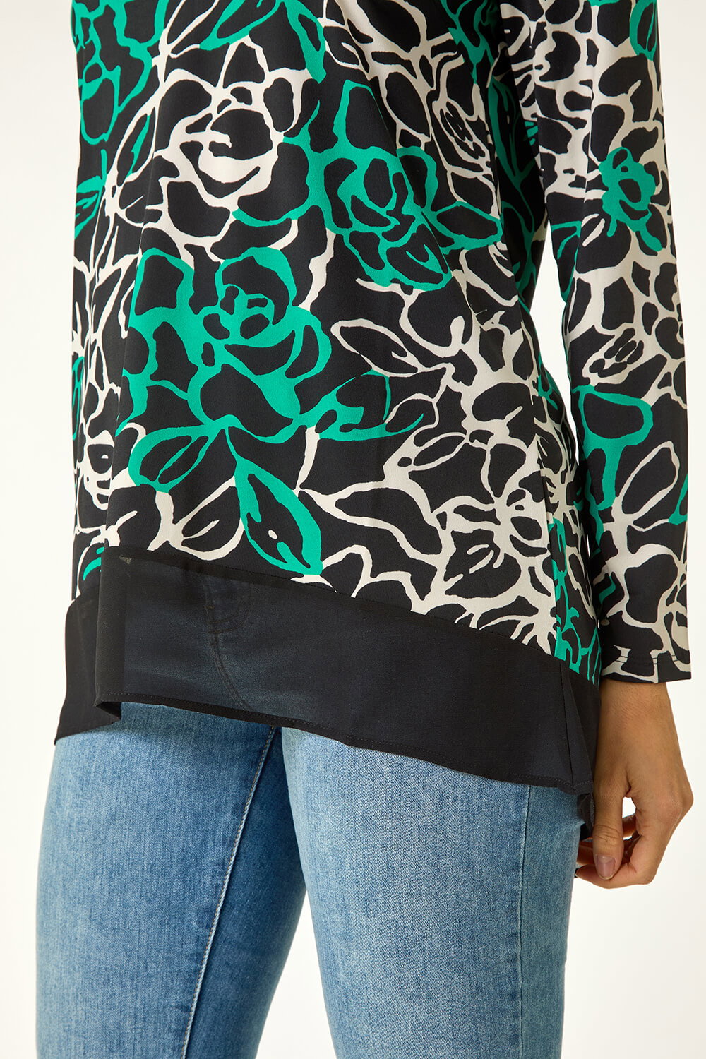 Green Floral Print Chiffon Hem Top, Image 6 of 5