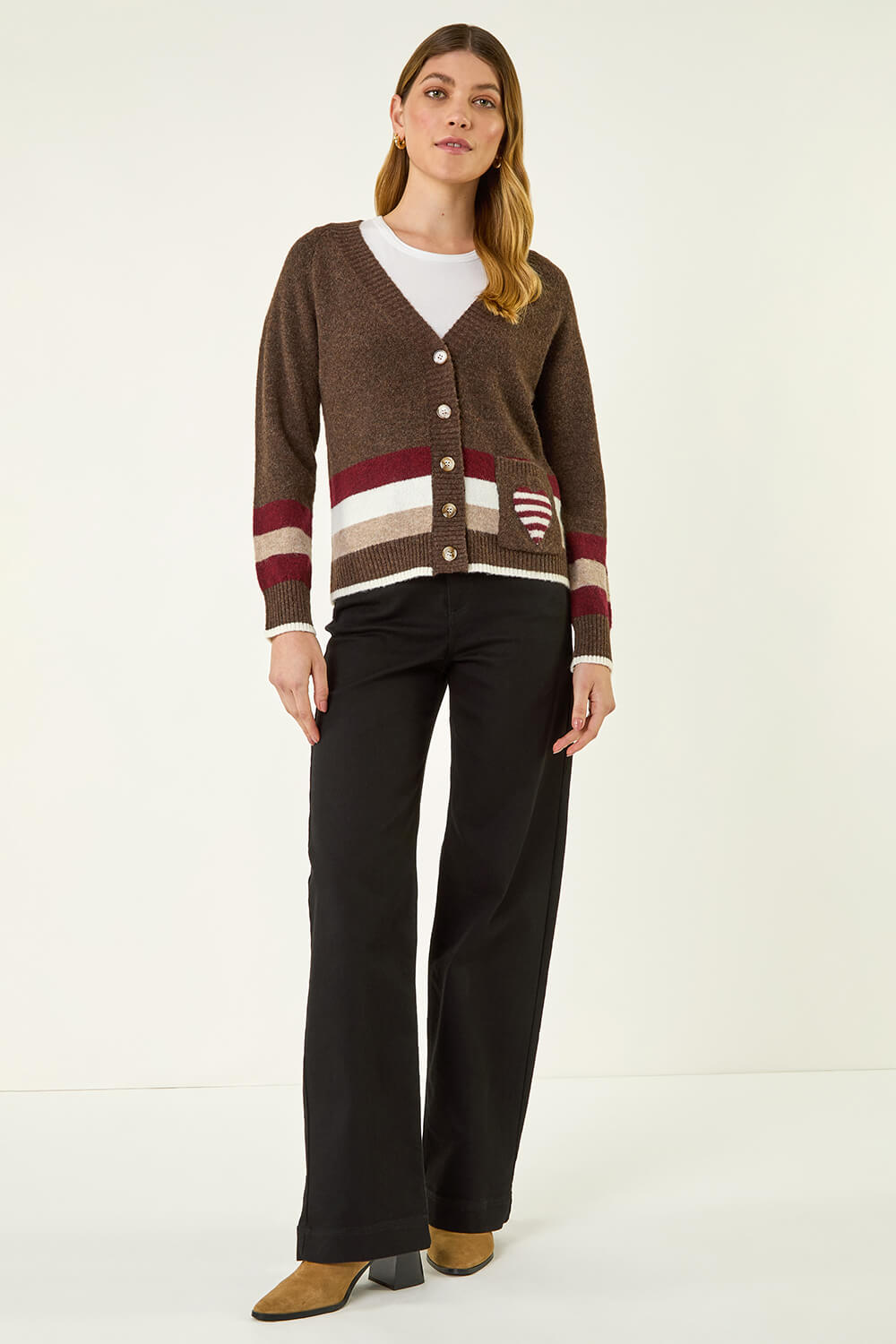 Chocolate Striped Heart Knit Cardigan, Image 3 of 5