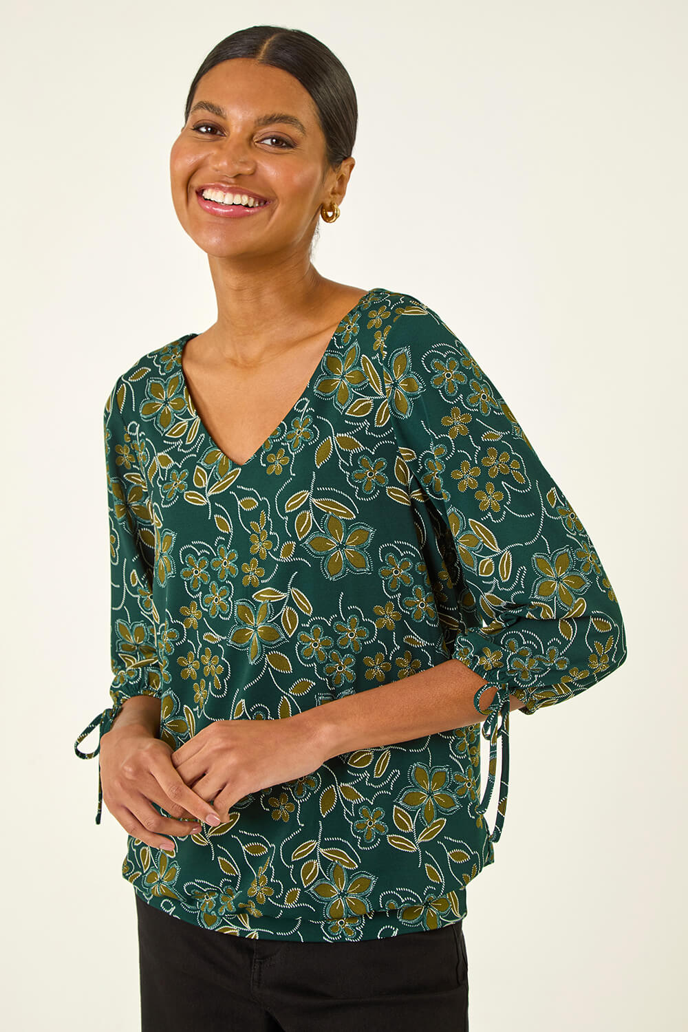 Olive Floral V-Neck Stretch Top, Image 6 of 6
