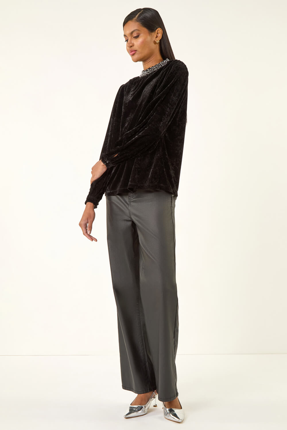 Black Beaded Neck Velvet Top, Image 3 of 5