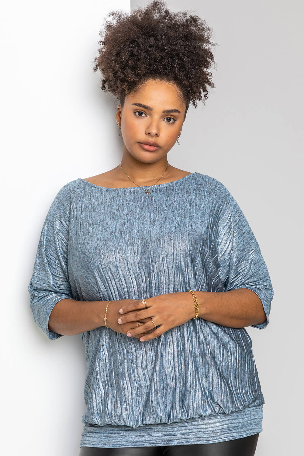 Silver Curve Shimmer Pleated Blouson Top, Image 1 of 5