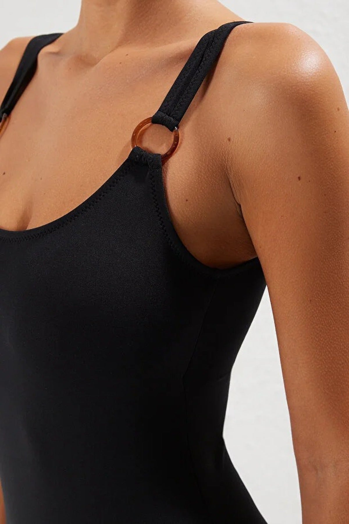 Black Scoop Neck Ring Strap Detail High Leg Swimsuit, Image 2 of 3