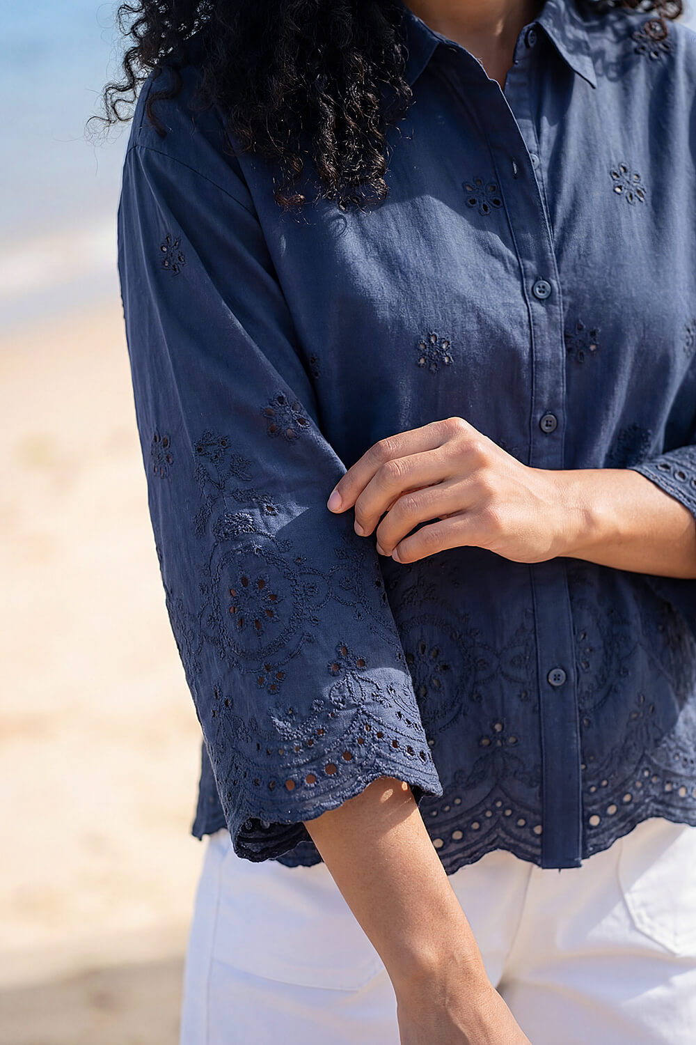 Navy  Broderie Hem Buttoned Shirt, Image 5 of 4