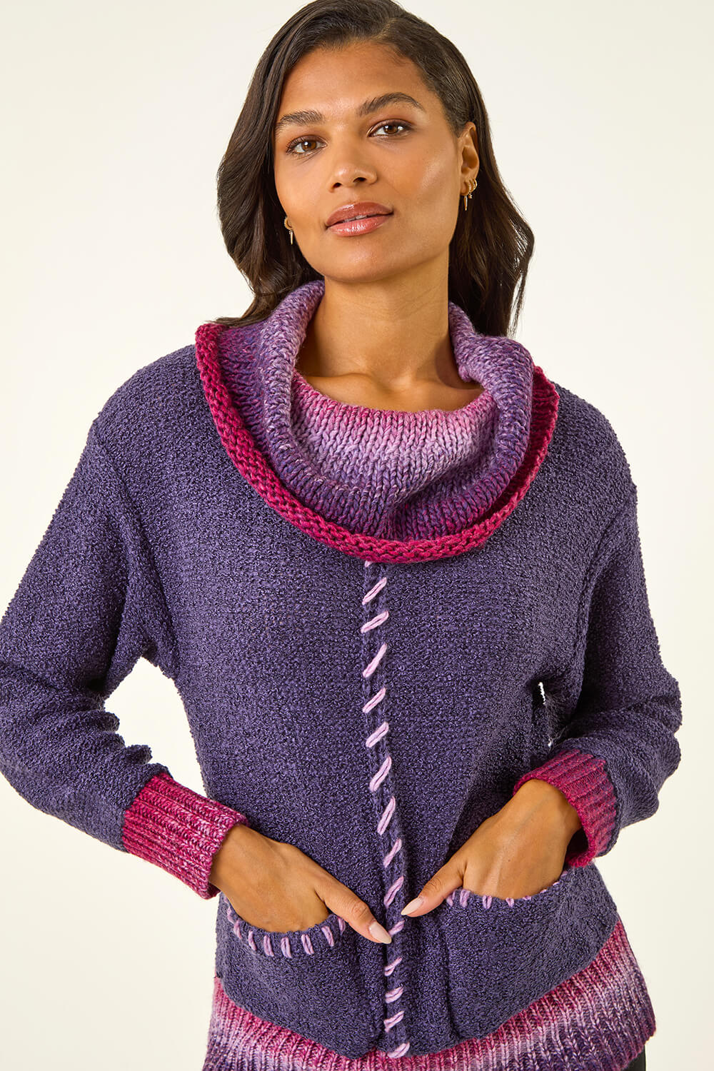 Purple Roll Neck Patch Pocket Knit Jumper, Image 5 of 5
