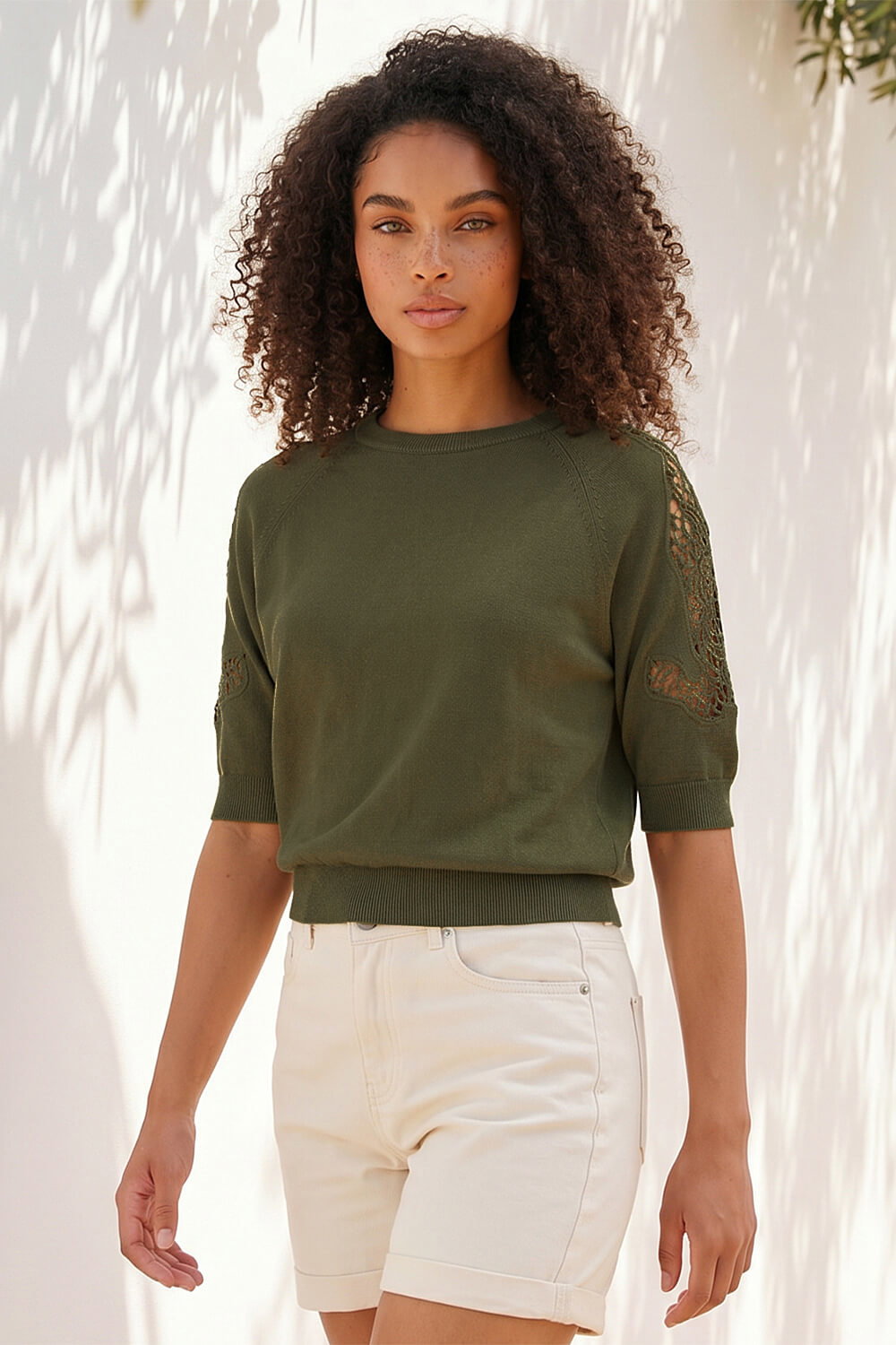 KHAKI Dusk Crochet Sleeve Knit Top, Image 3 of 4