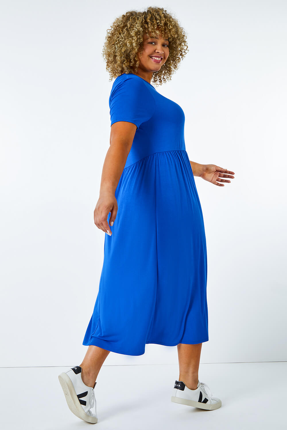 Royal Blue Curve Gathered Skirt Midi Stretch Dress, Image 4 of 5