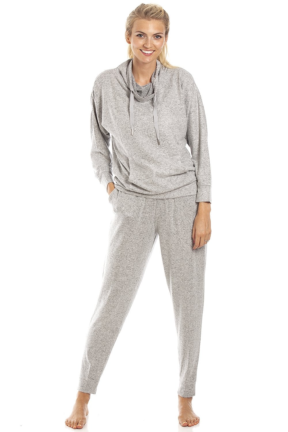 Grey Camille Lingerie Grey Long Sleeve Cowl Neck Pyjama set, Image 1 of 5