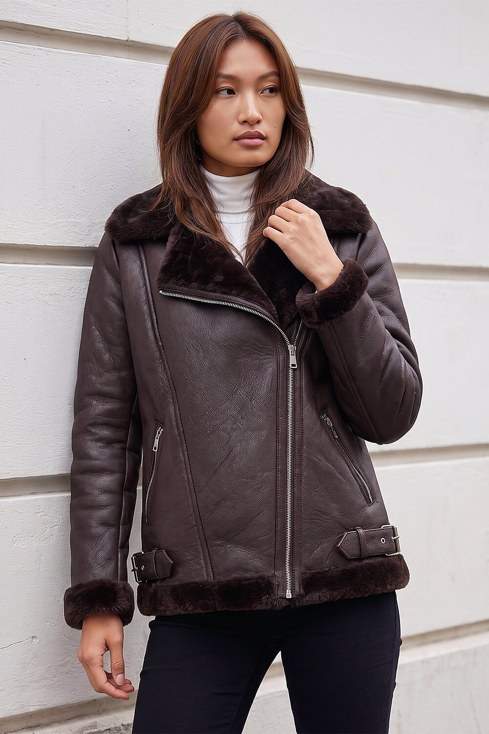 Roman Women's Chocolate Faux Fur Lined Zip Detail Aviator Jacket Size 14