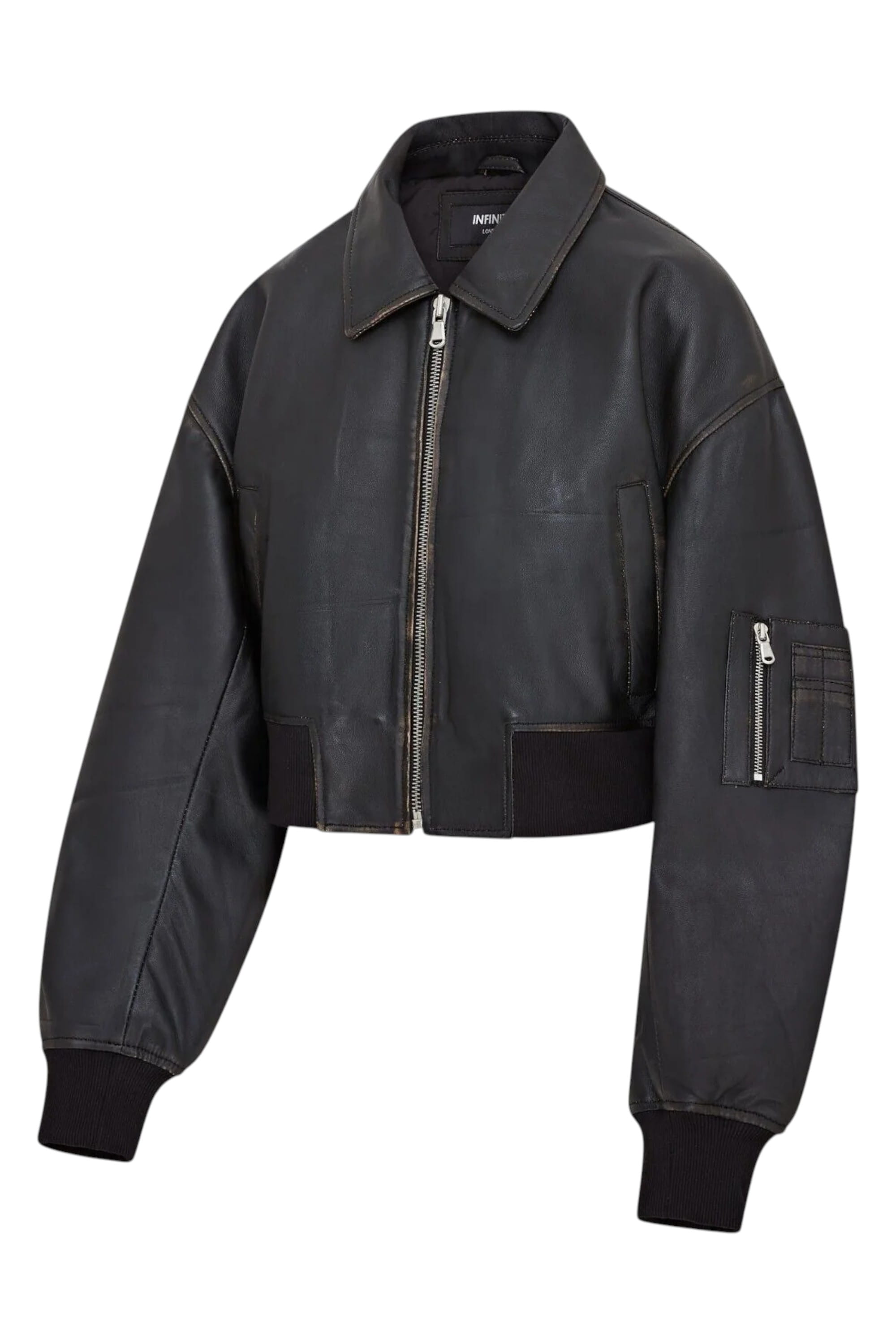 Black Womens Oversized Leather Bomber Jacket, Image 2 of 4