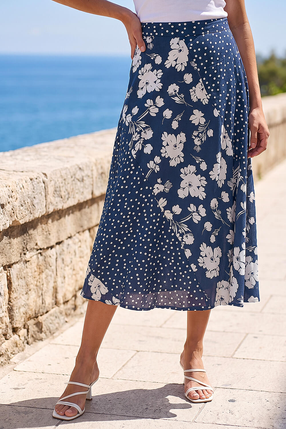 Blue Mixed Floral Spot Print A Line Midi Skirt, Image 1 of 4