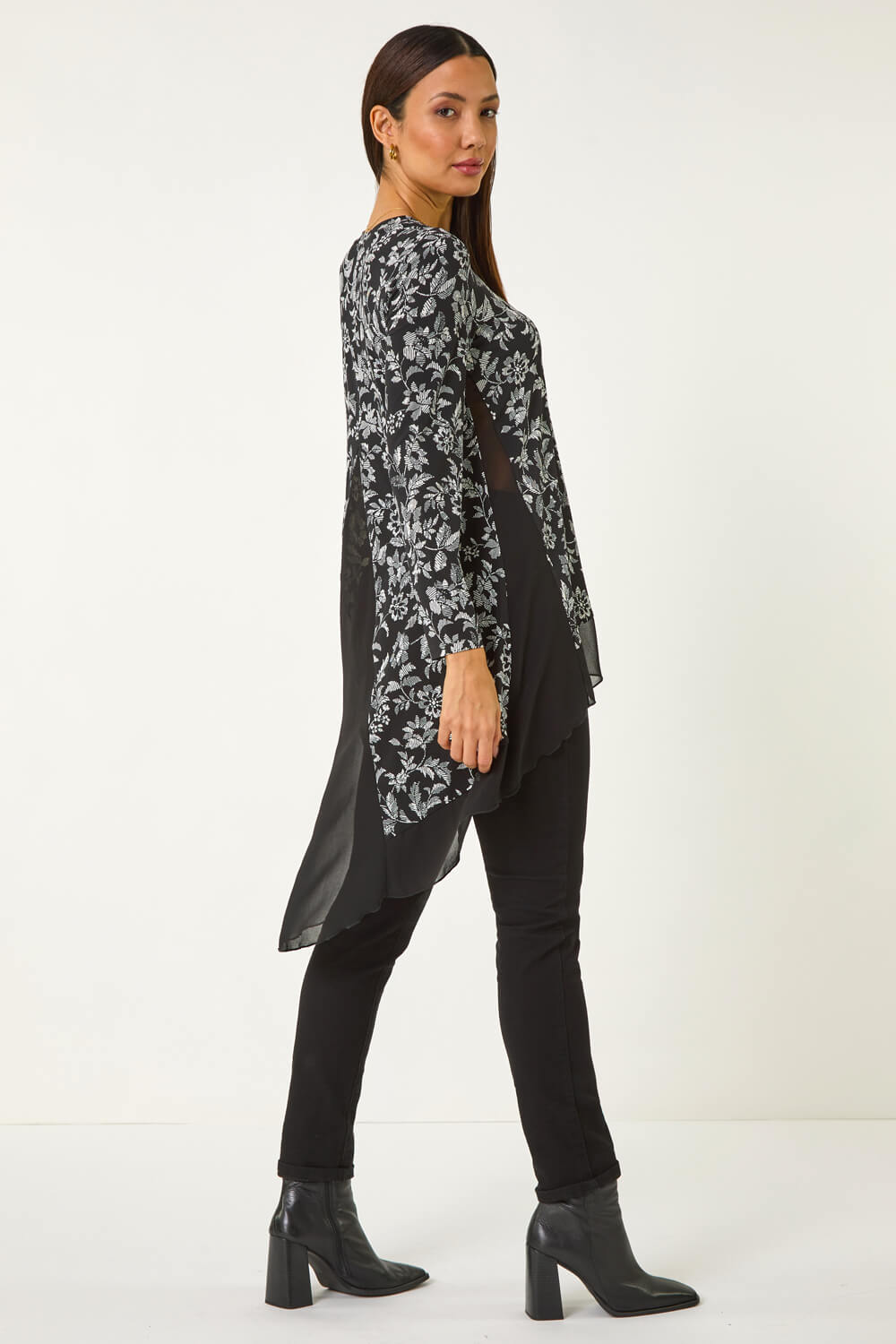 Black Floral Puff Print Chiffon Hem Top, Image 4 of 5
