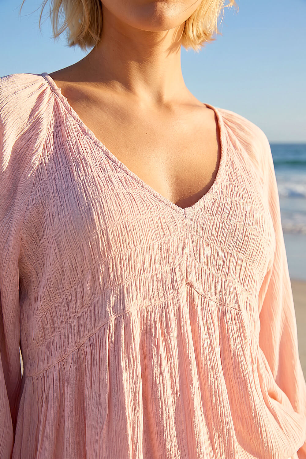 Light Pink Shirred V-Neck Raglan Top, Image 5 of 4