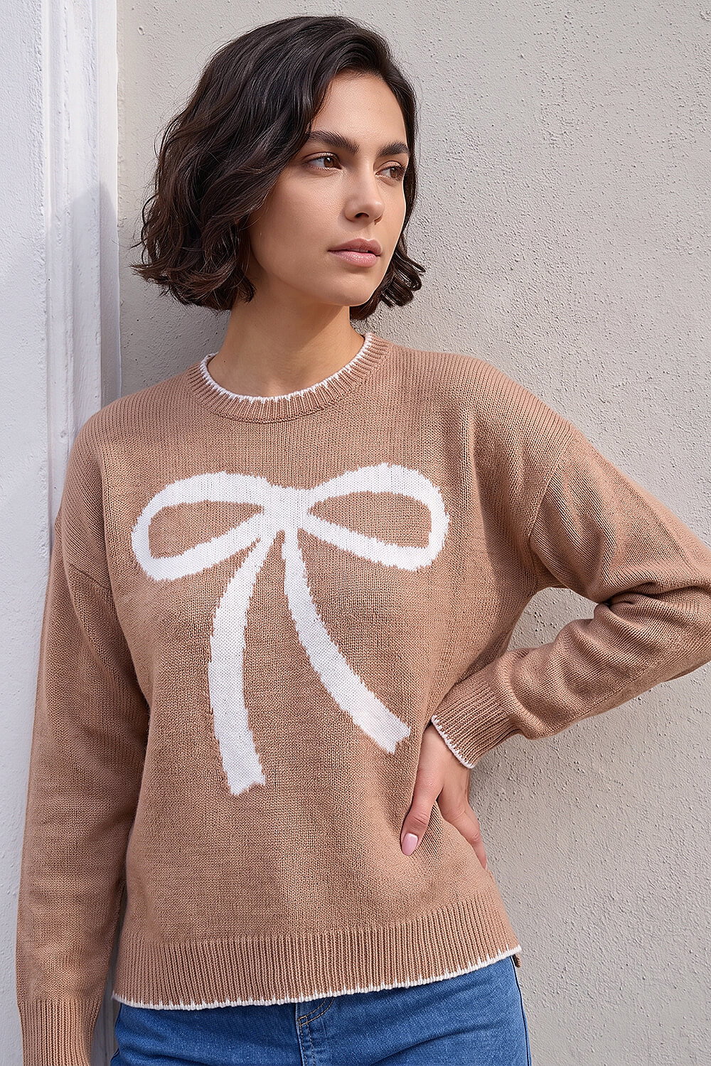 Roman Women's Camel Contrast Stitch Bow Knit Jumper Size 10