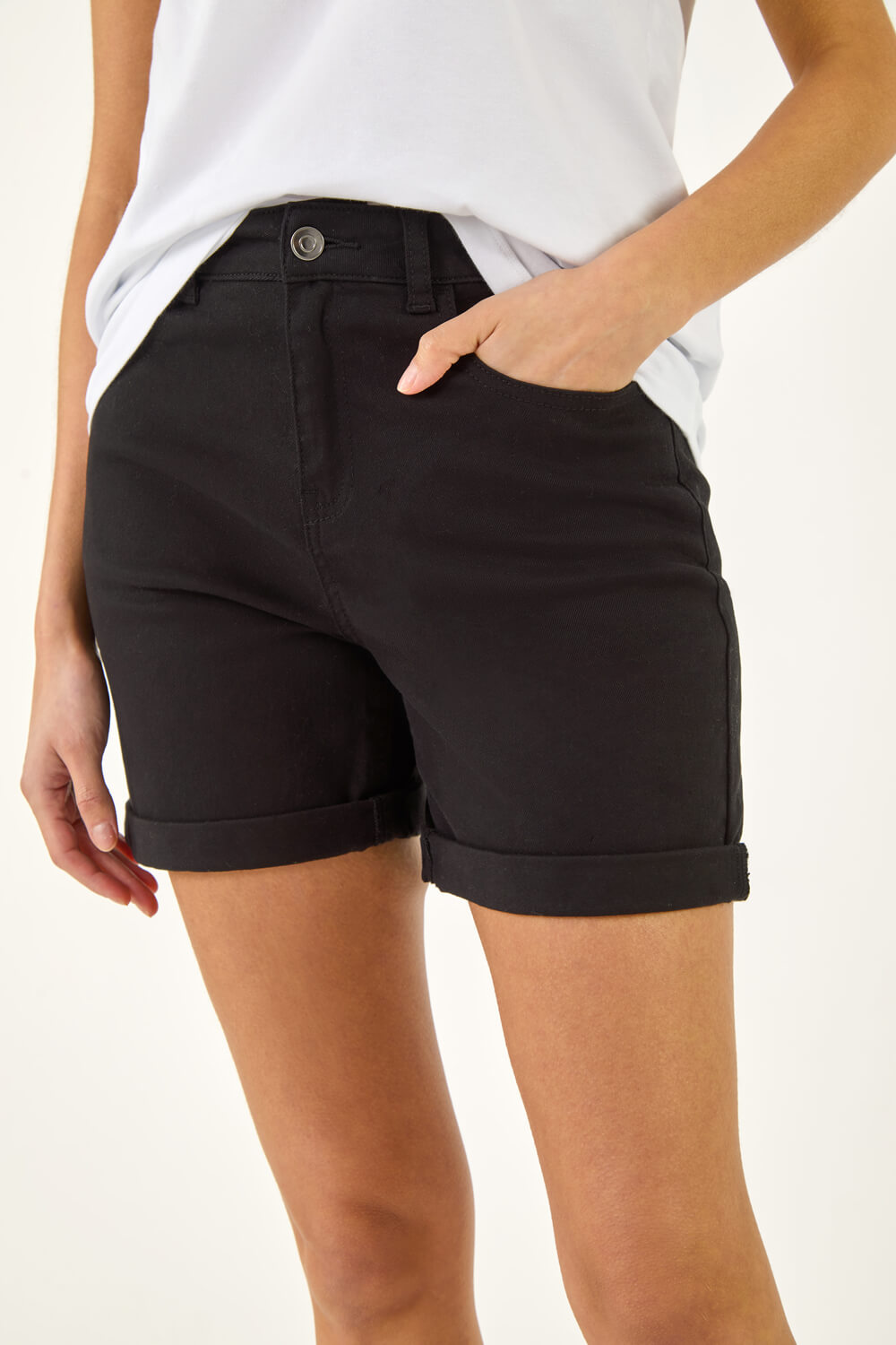 Black Stretch Denim Mom Shorts, Image 6 of 6