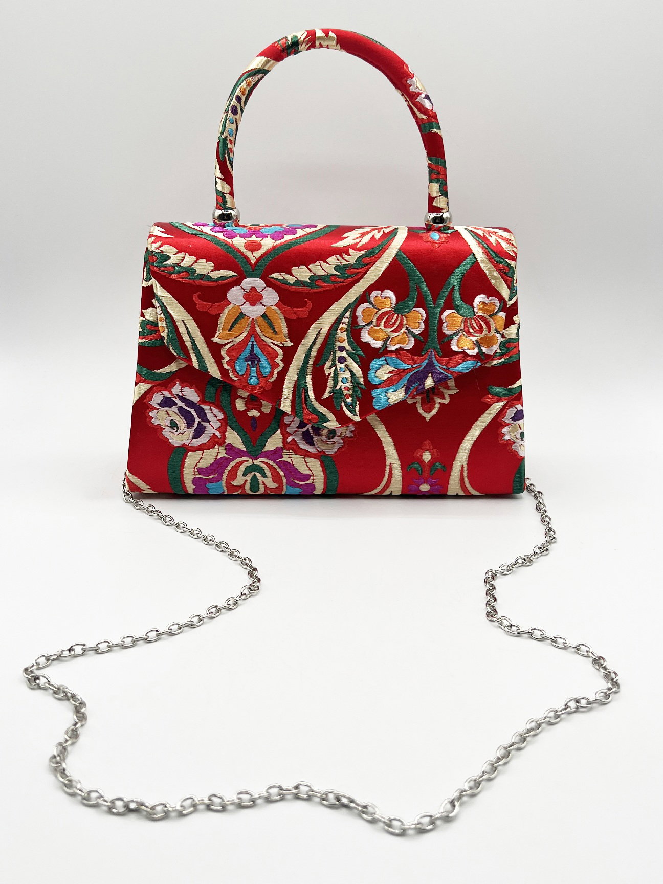 Red Floral Satin Embroidered Top Handle Bag in Red, Image 2 of 4